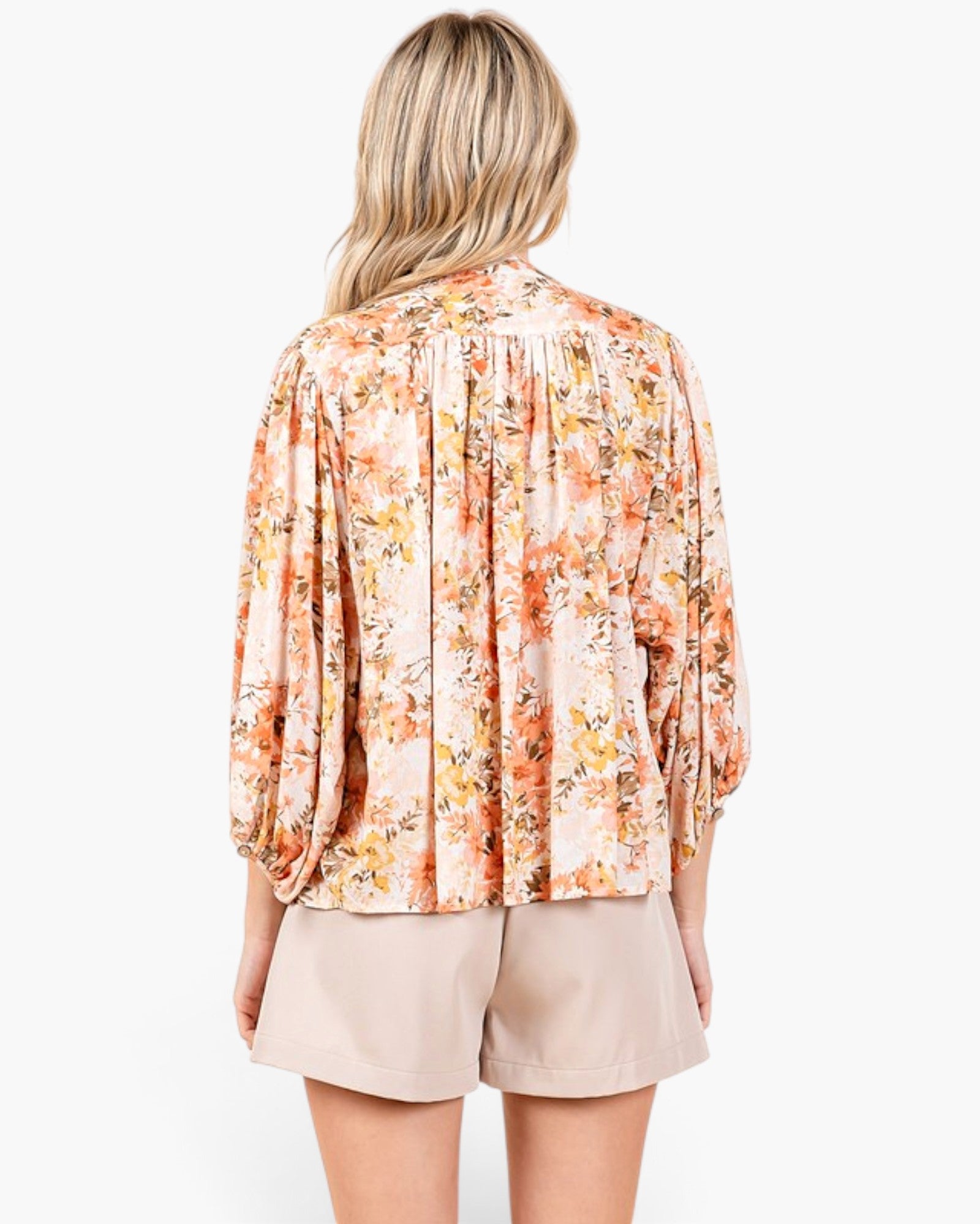 Ginger Floral Print Linen Blend Balloon Sleeve Blouse