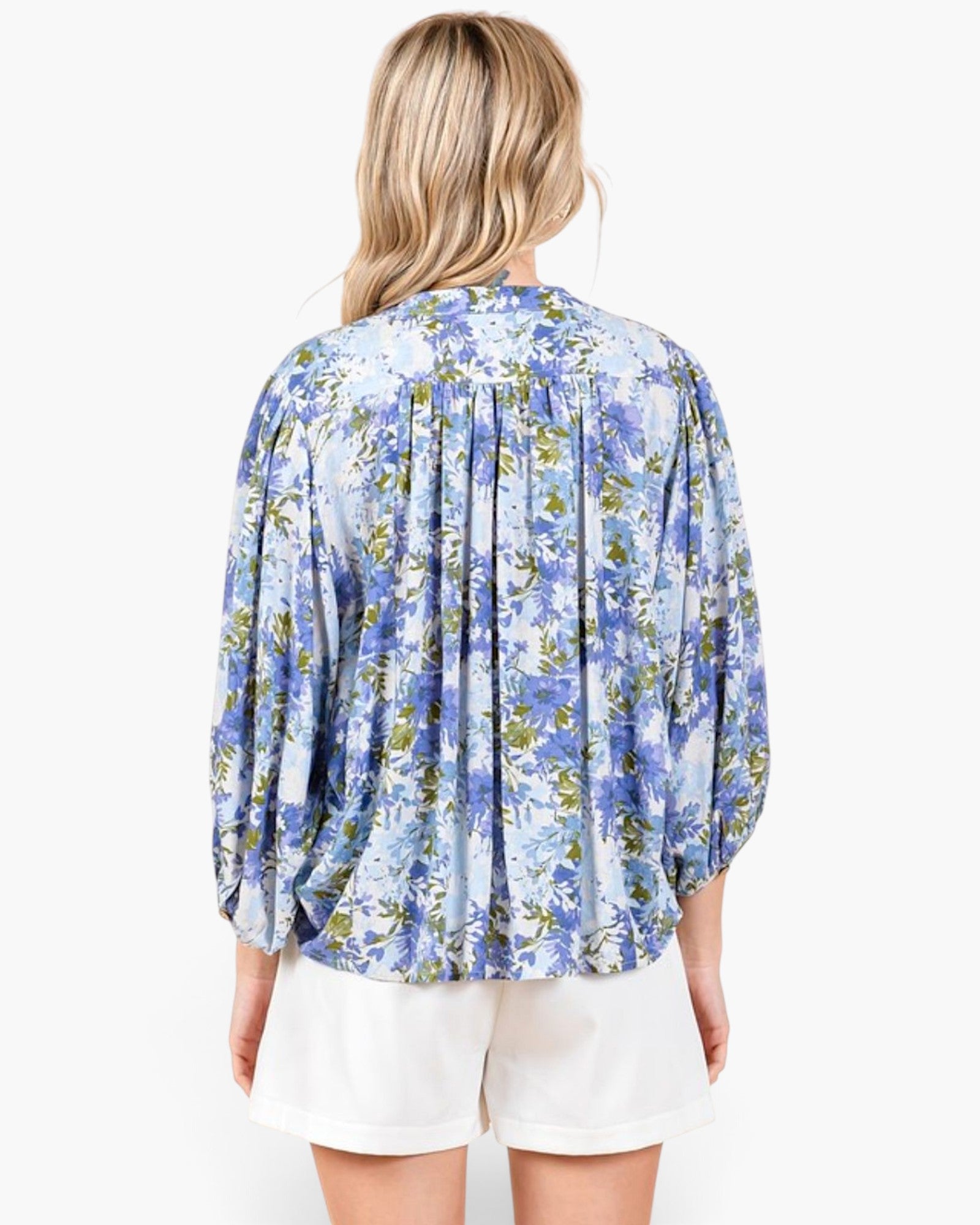 Blue Floral Pleated Button-Up Blouse