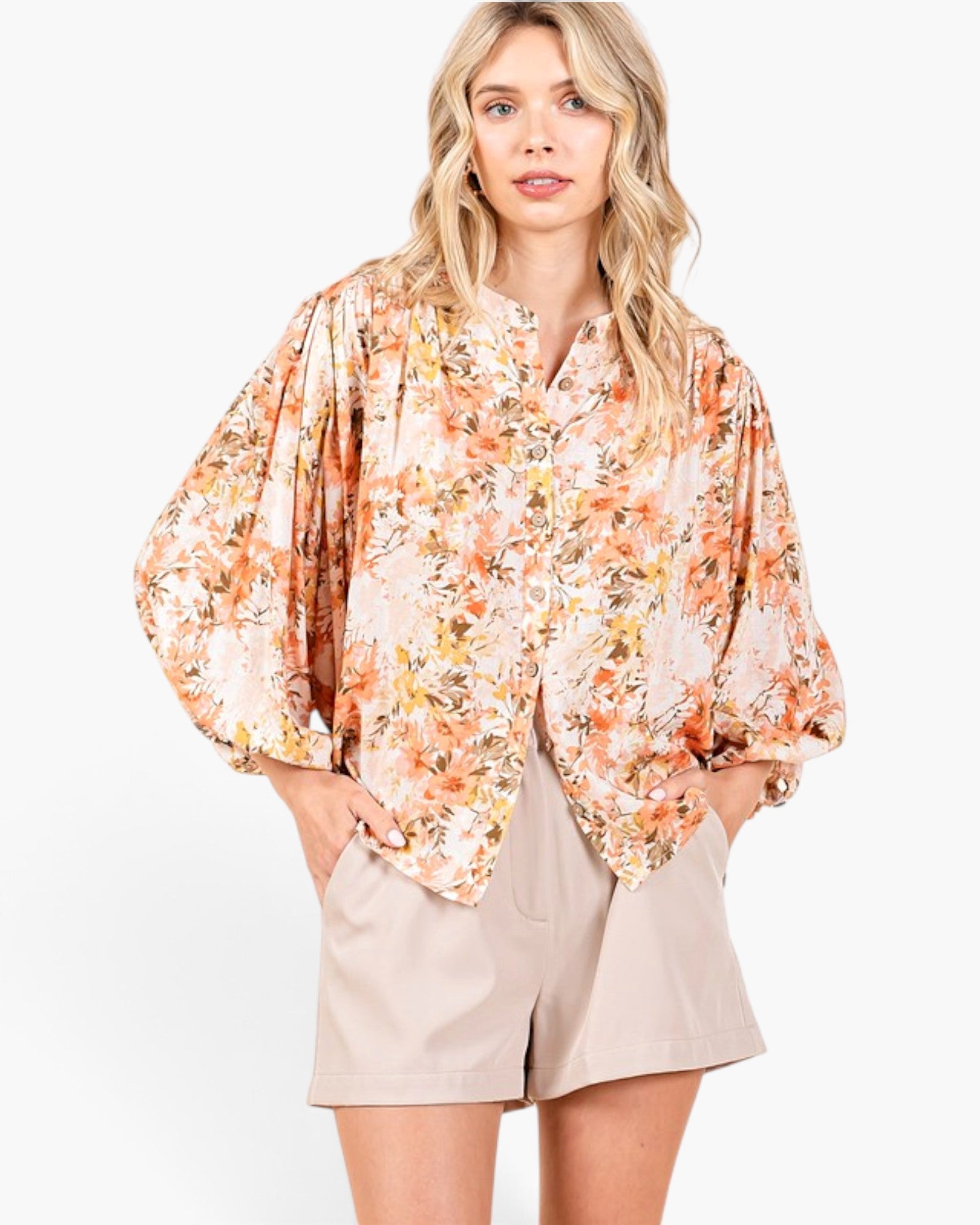 Ginger Floral Print Linen Blend Balloon Sleeve Blouse