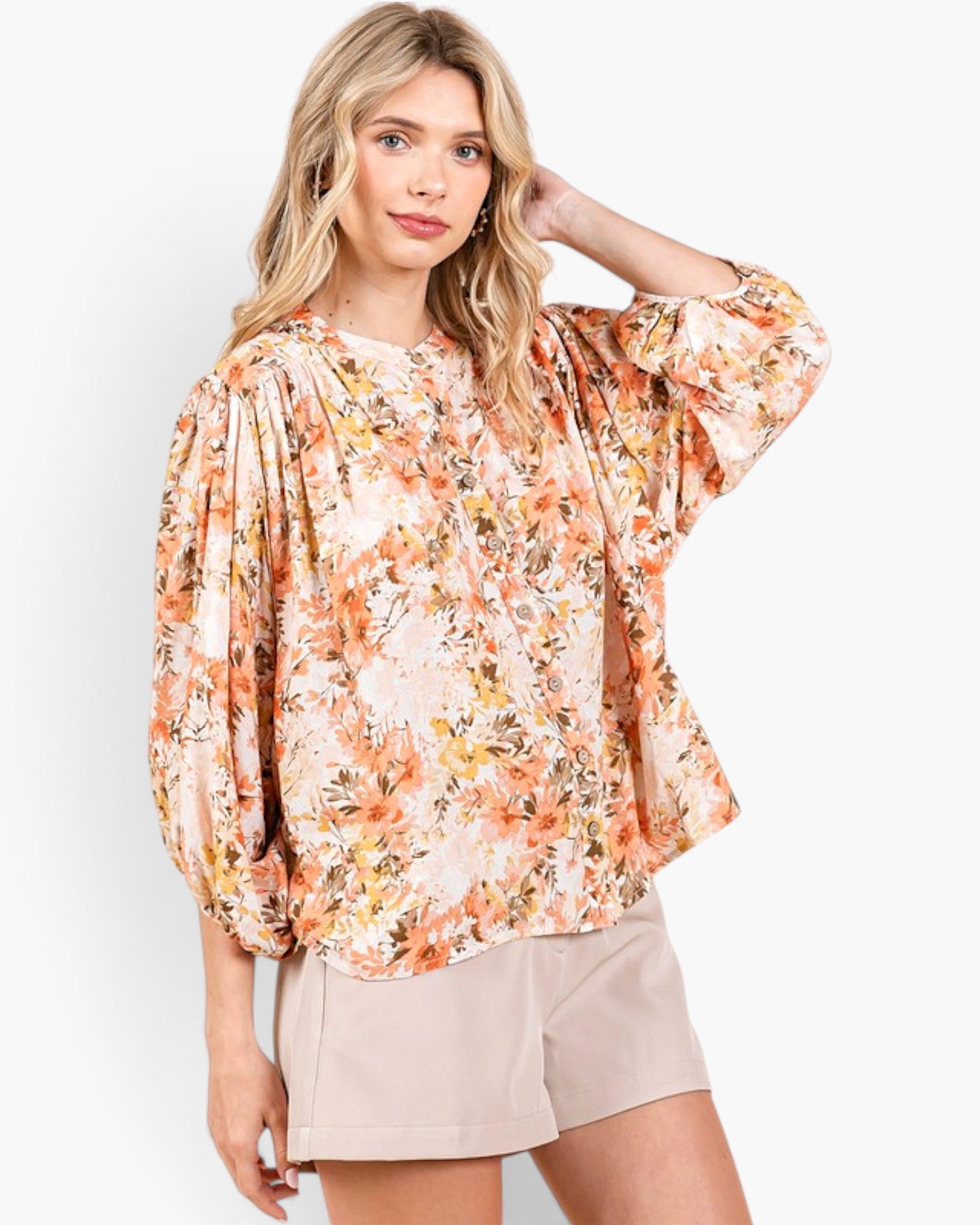 Ginger Floral Print Linen Blend Balloon Sleeve Blouse