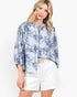 Blue Floral Pleated Button-Up Blouse
