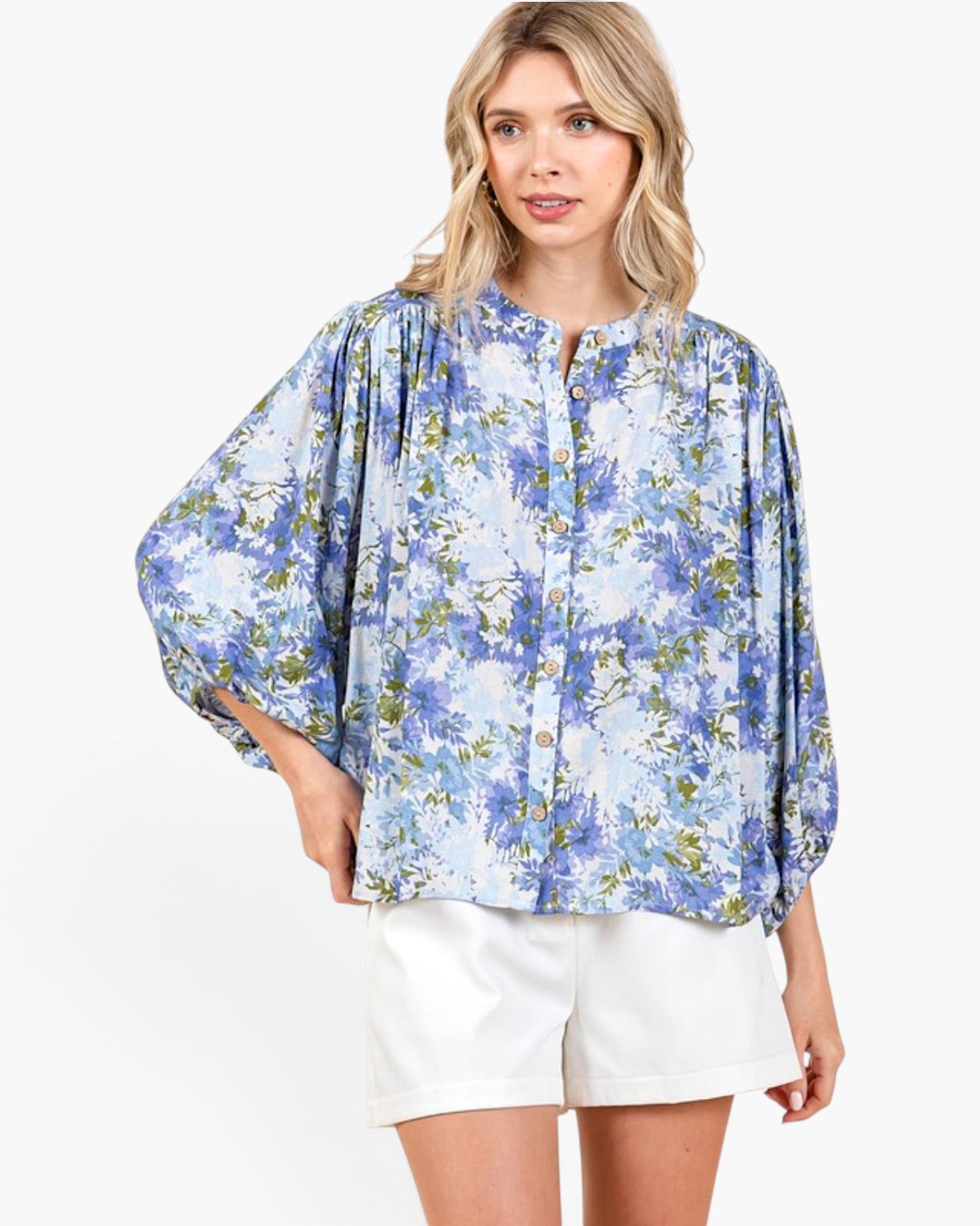 Blue Floral Pleated Button-Up Blouse