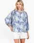 Blue Floral Pleated Button-Up Blouse