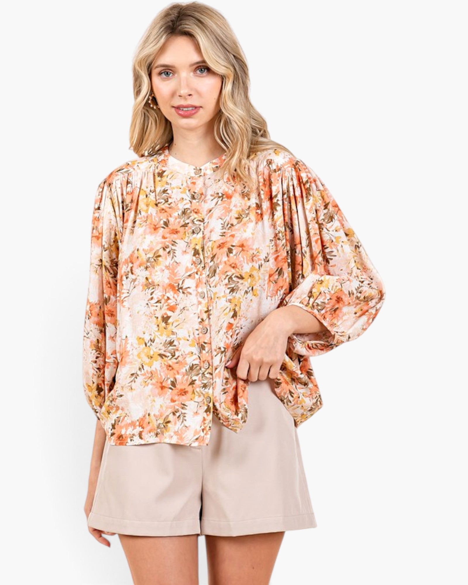 Ginger Floral Print Linen Blend Balloon Sleeve Blouse