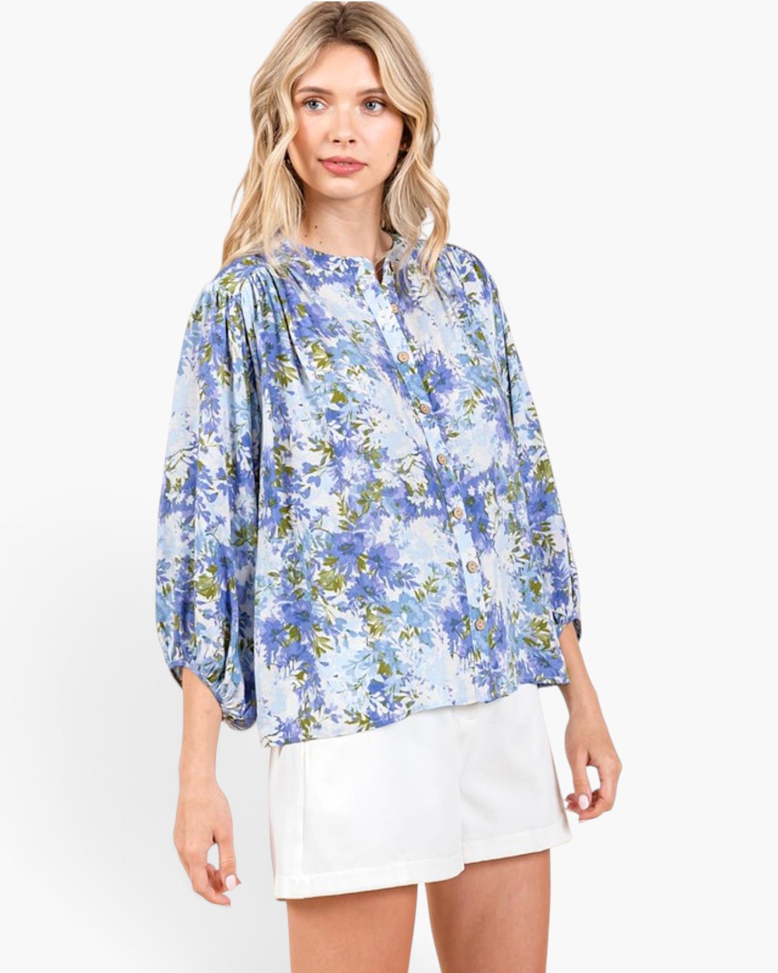 Blue Floral Pleated Button-Up Blouse