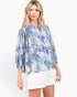 Blue Floral Pleated Button-Up Blouse