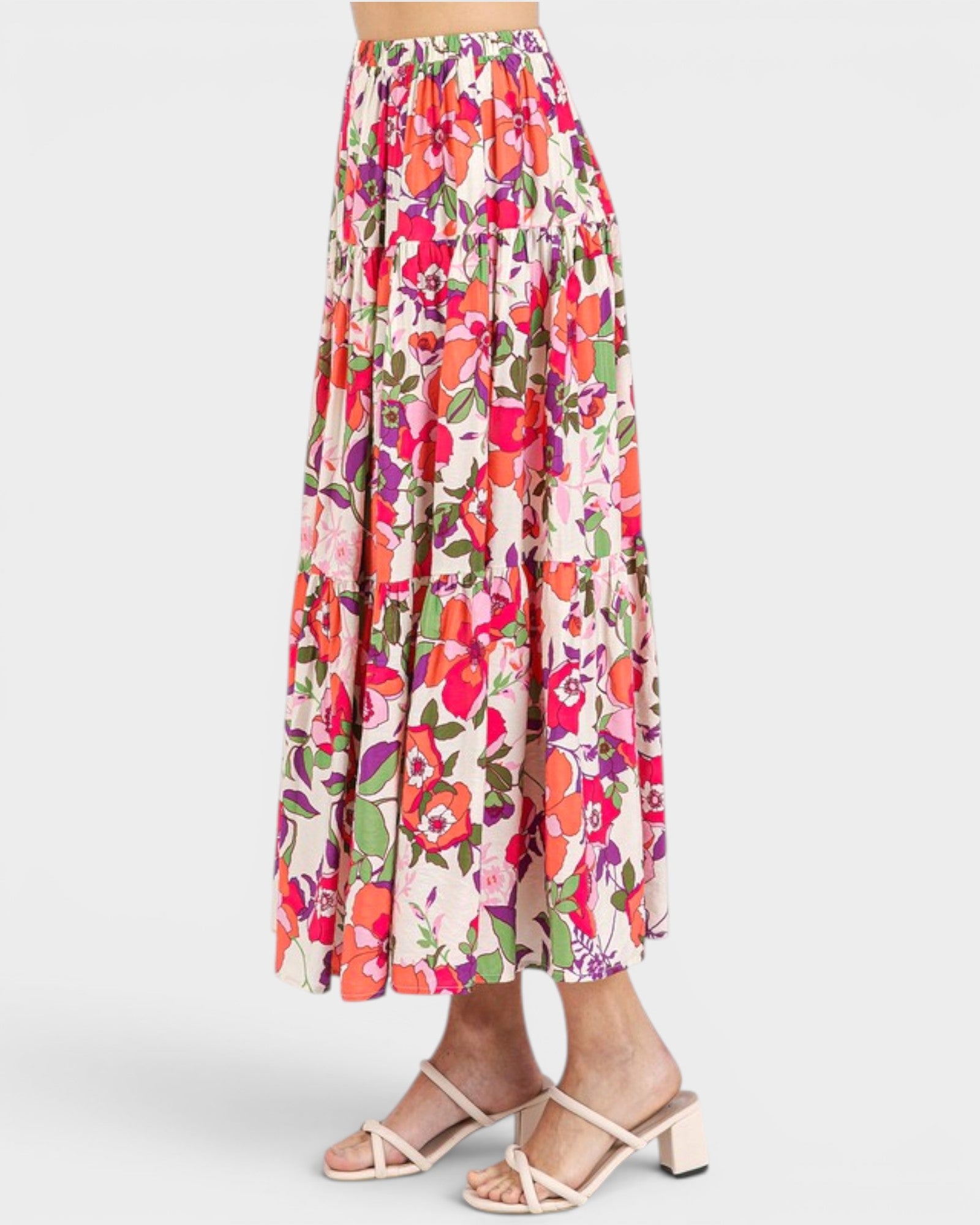 Floral patterned skirt worn by a person on a white background