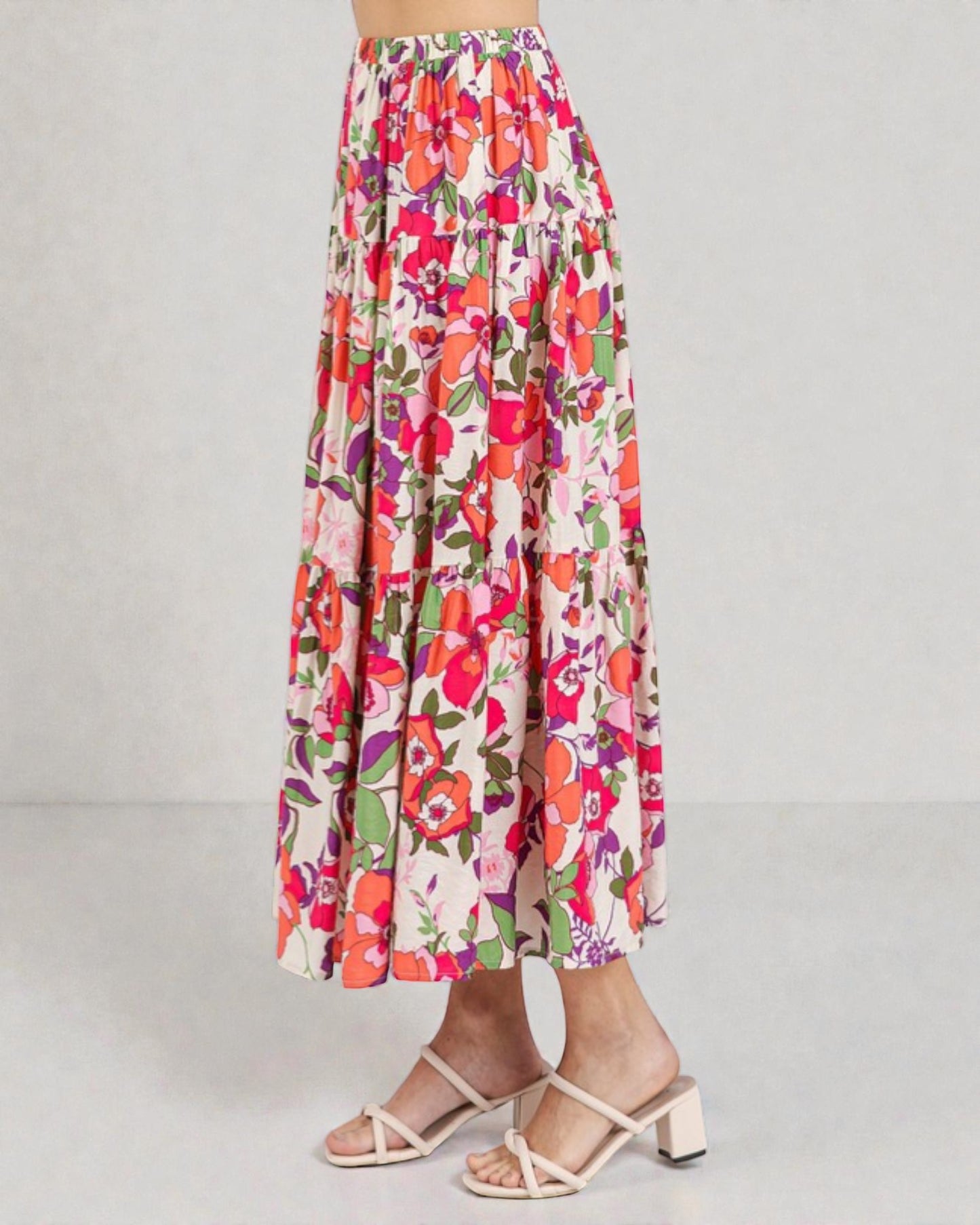 Colorful floral skirt worn by a person on a plain background