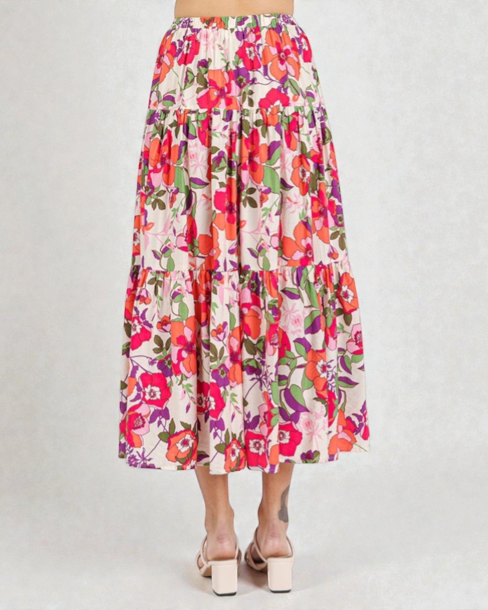Colorful floral skirt on a plain background