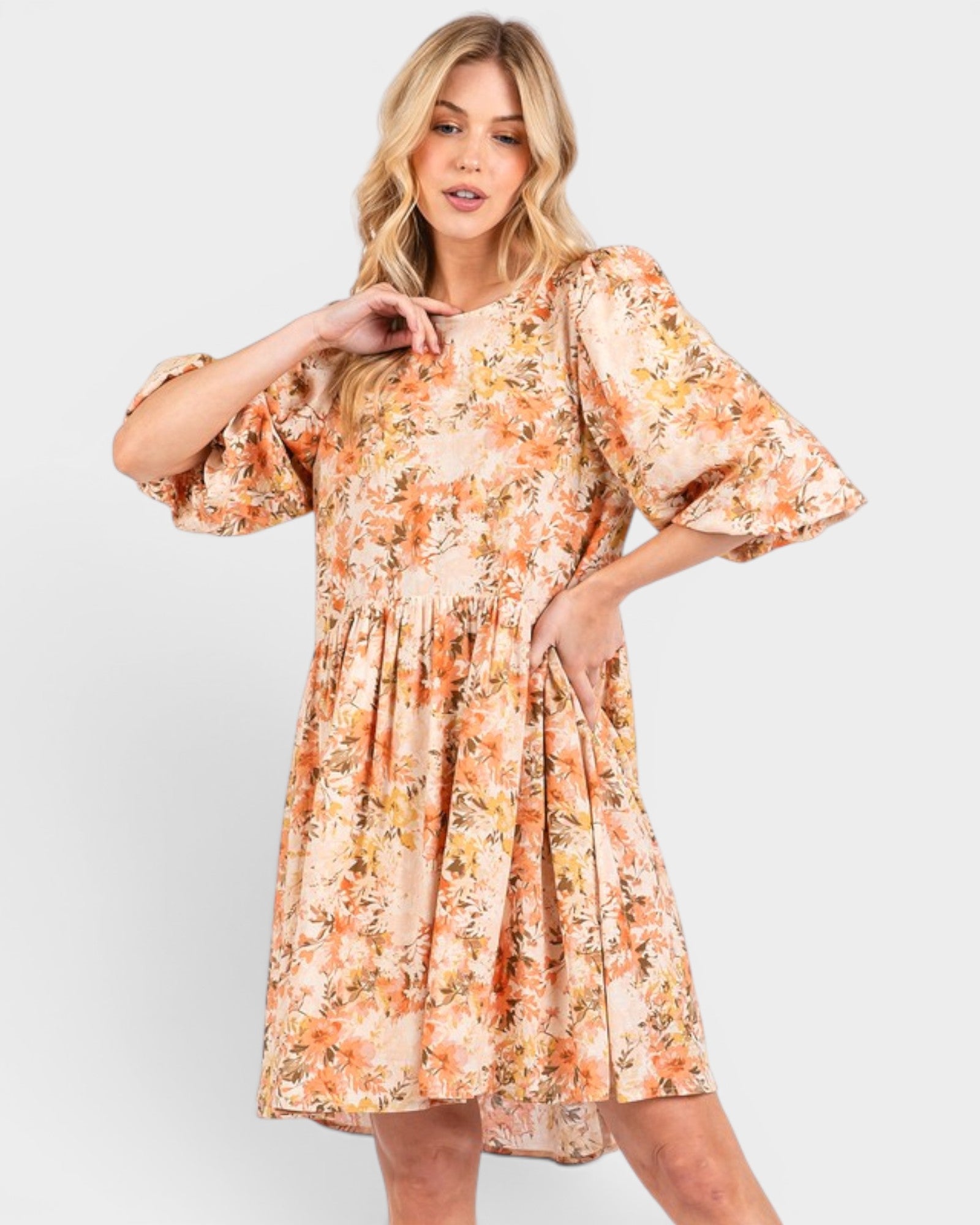 Peach Floral Linen Blend Mini Dress