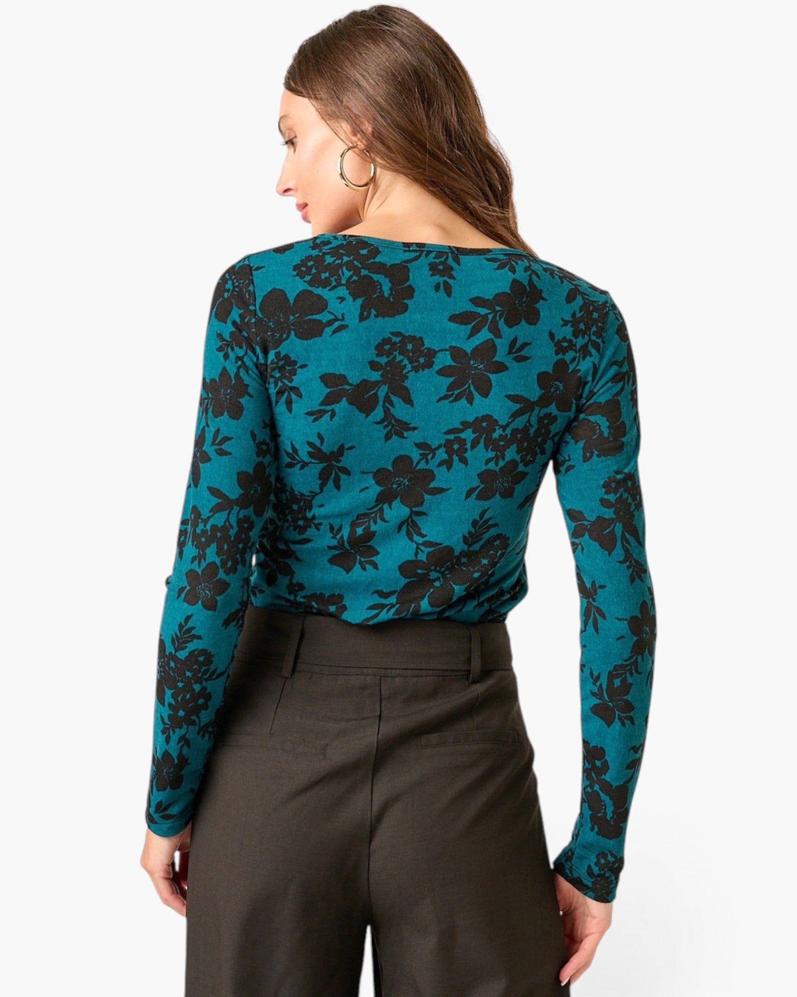 Haut en tricot à manches longues et imprimé fleuri en bleu sarcelle