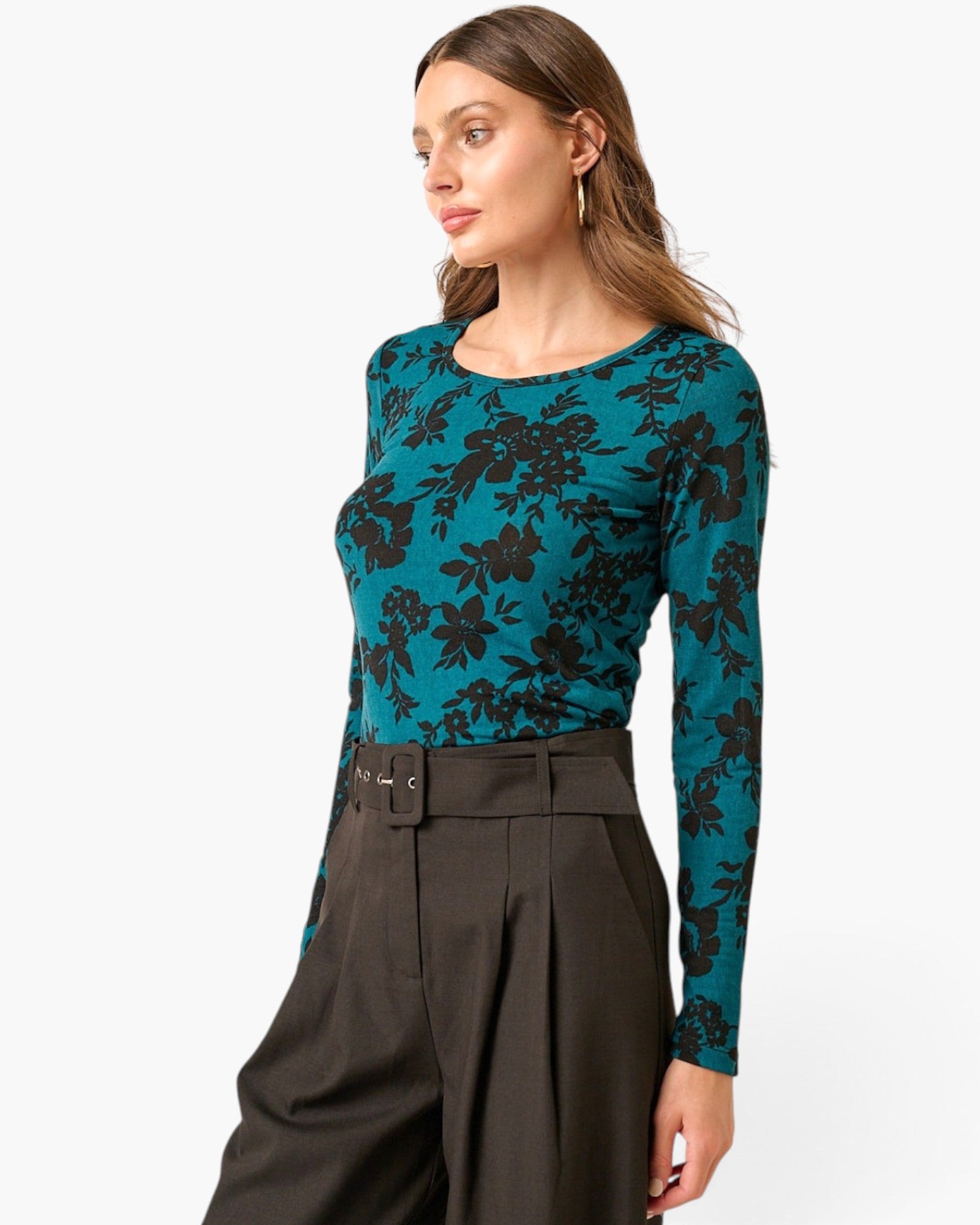 Haut en tricot à manches longues et imprimé fleuri en bleu sarcelle