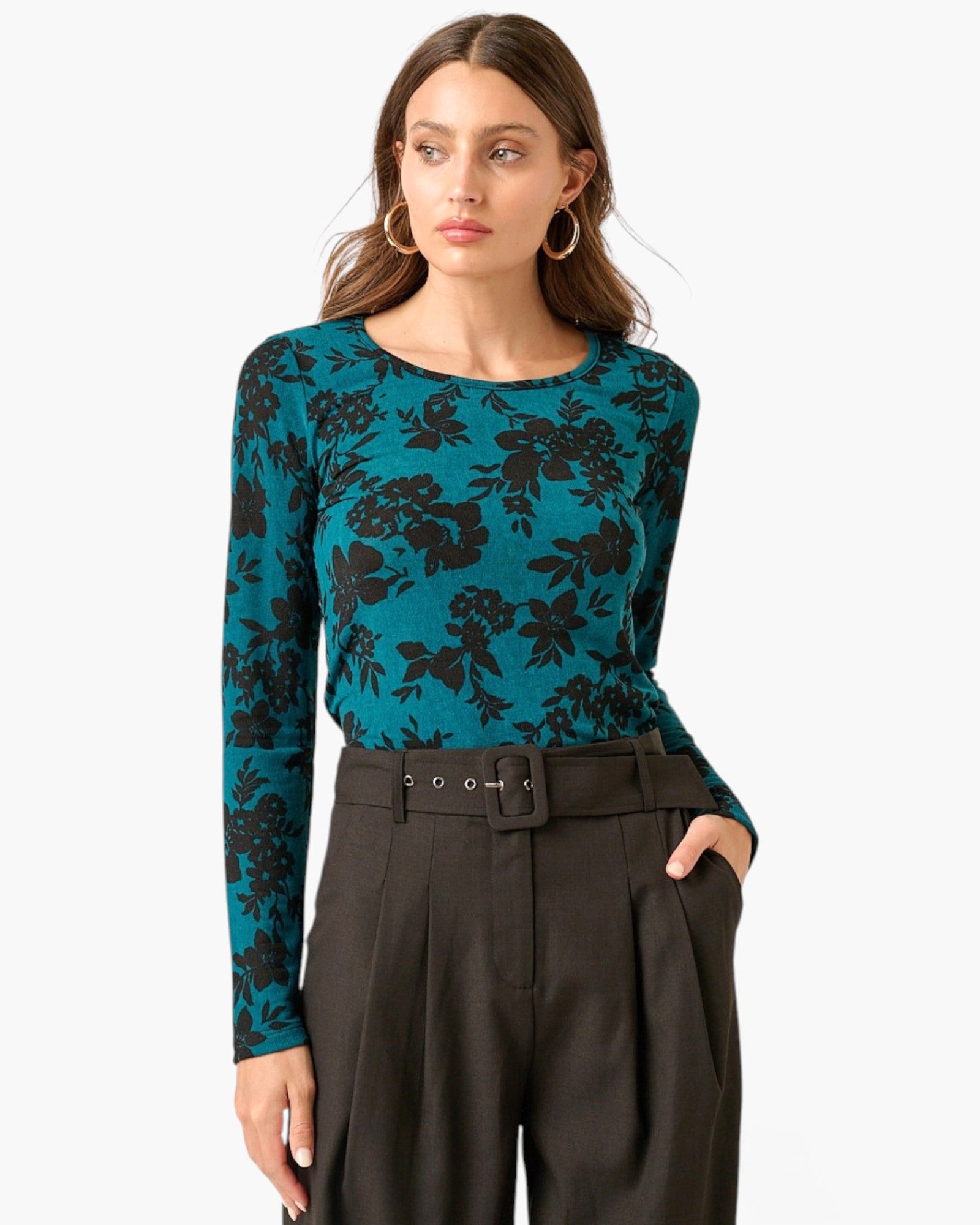 Haut en tricot à manches longues et imprimé fleuri en bleu sarcelle