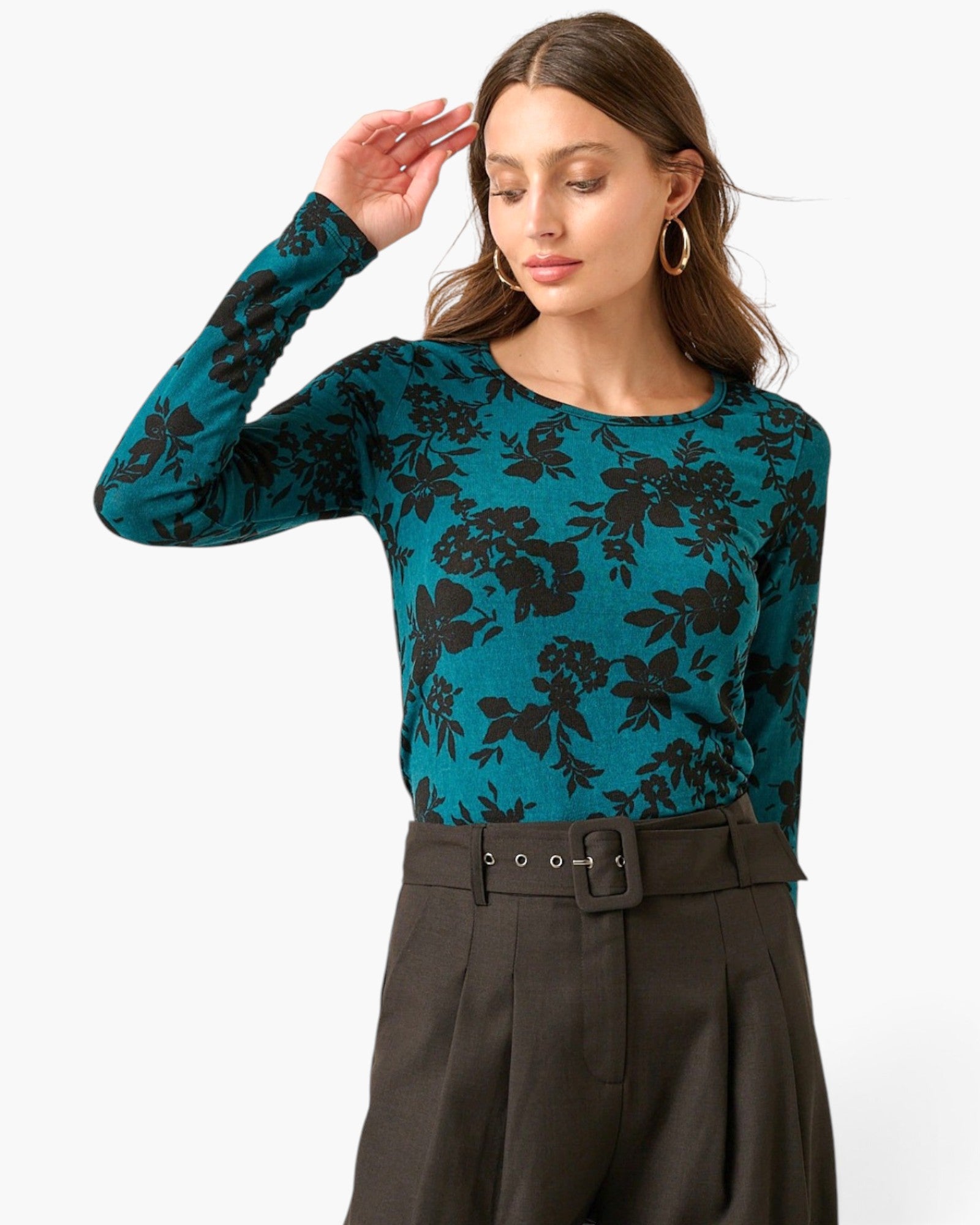 Haut en tricot à manches longues et imprimé fleuri en bleu sarcelle