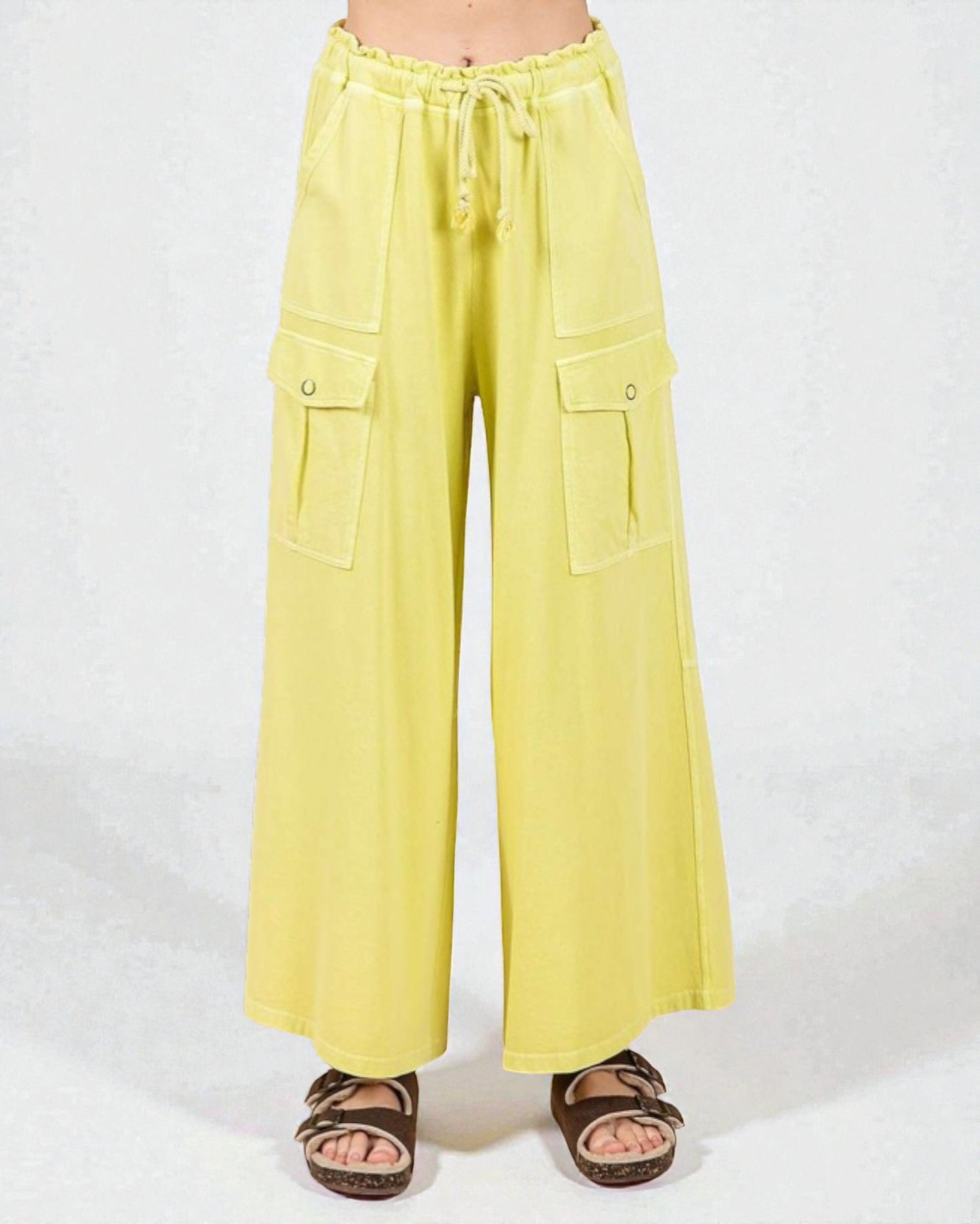 Yellow wide-leg pants with drawstring waist on a white background