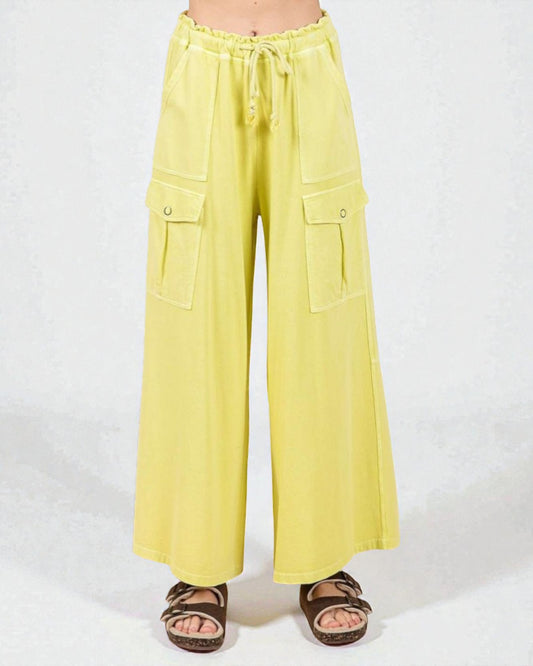 Yellow wide-leg pants with drawstring waist on a white background
