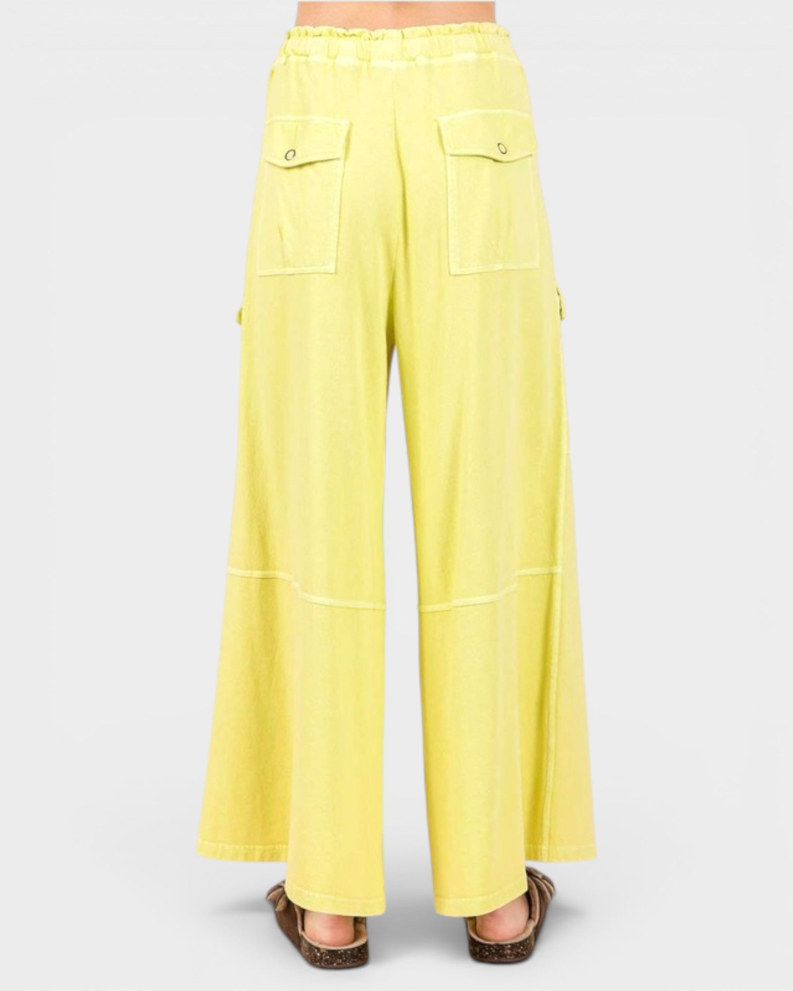 Yellow wide-leg pants on a white background
