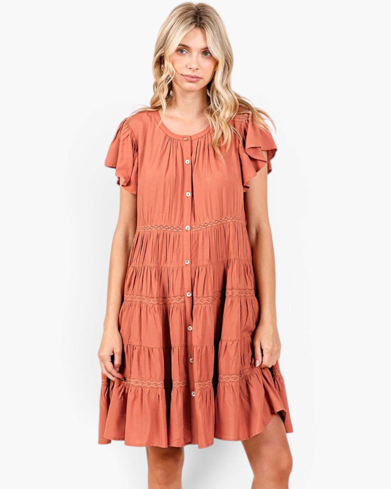 Pumpkin Lace-Trim Tiered Button-Front Dress
