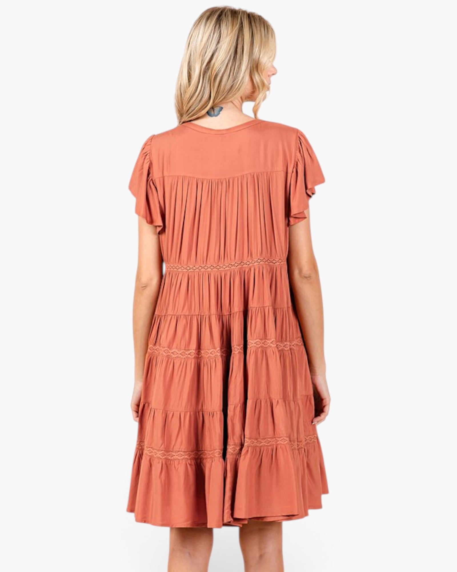 Pumpkin Lace-Trim Tiered Button-Front Dress