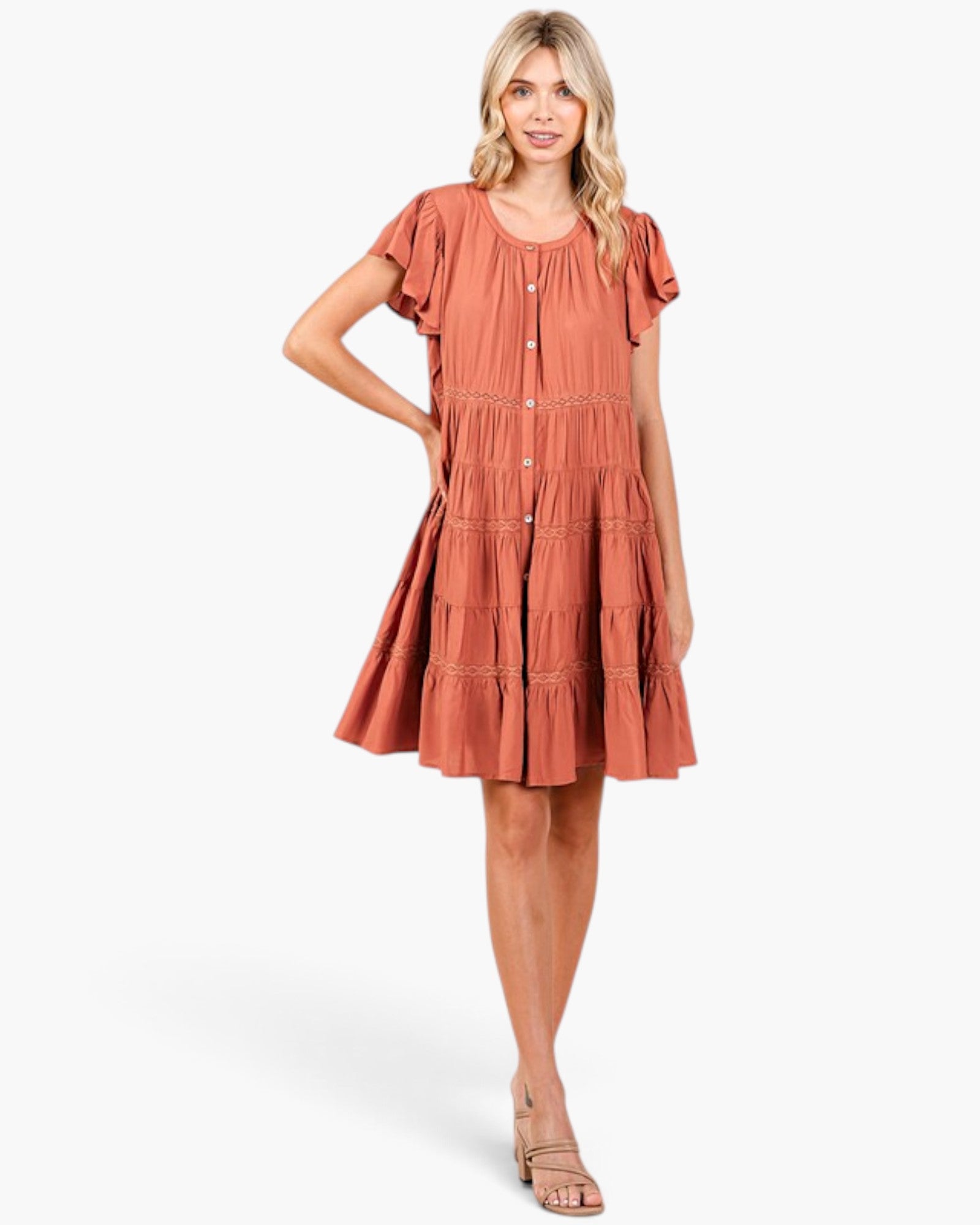 Pumpkin Lace-Trim Tiered Button-Front Dress