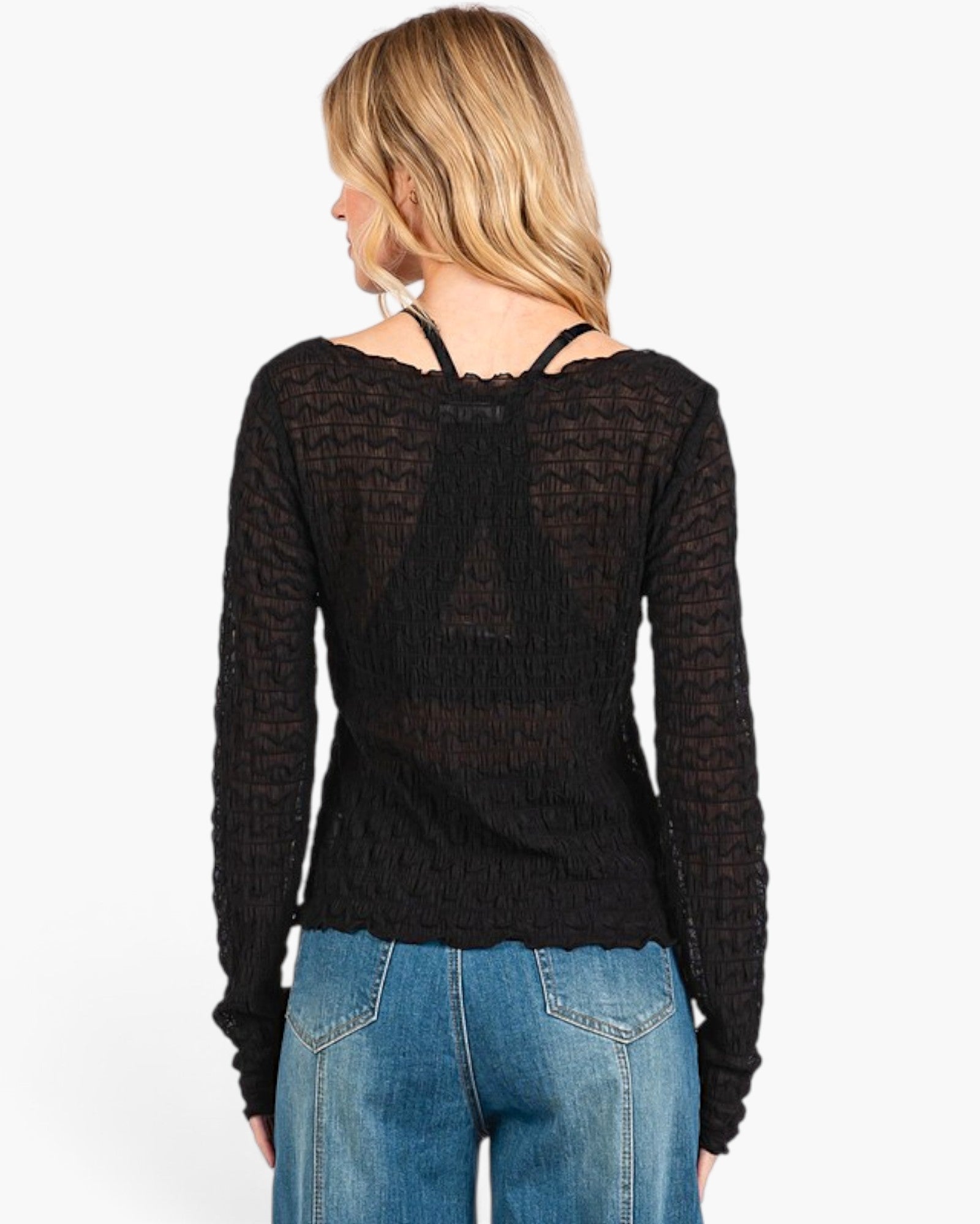 A woman viewed from the back wearing a black textured knit long-sleeve top with a lace-trimmed open back and blue jeans, against a plain white background.