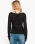 A woman viewed from the back wearing a black textured knit long-sleeve top with a lace-trimmed open back and blue jeans, against a plain white background.