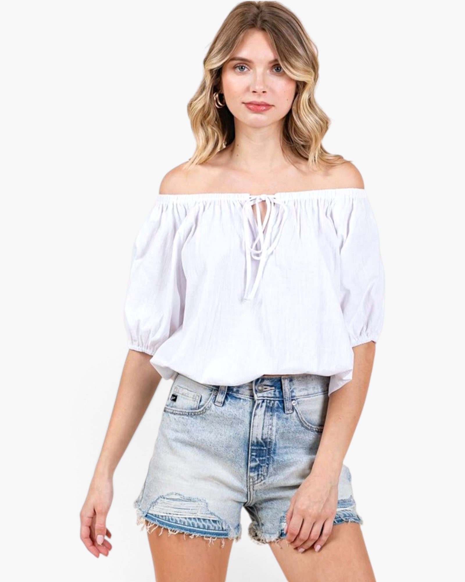 White Cotton Tie-Neck Bubble Hem Blouse