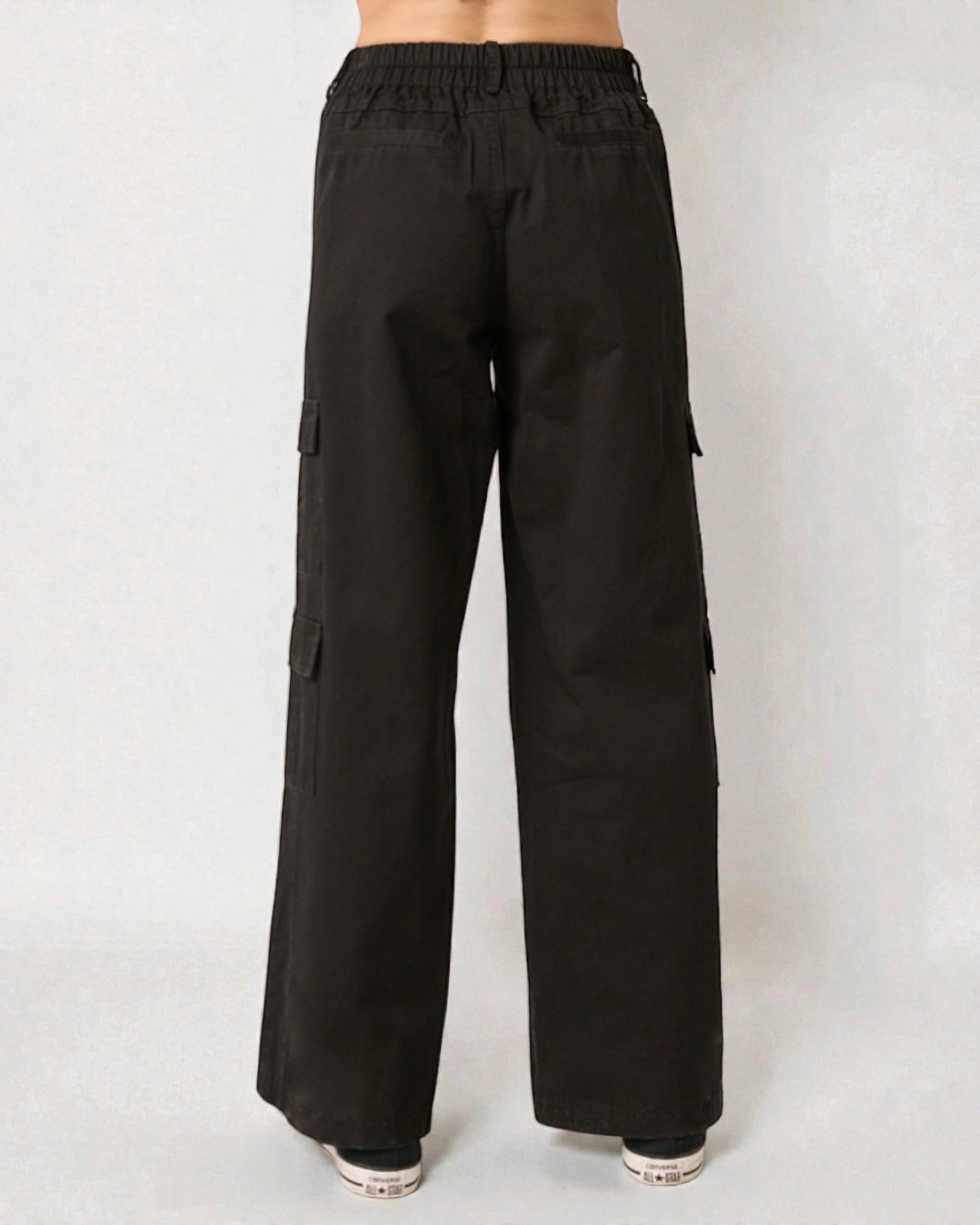 Black cargo pants on a white background