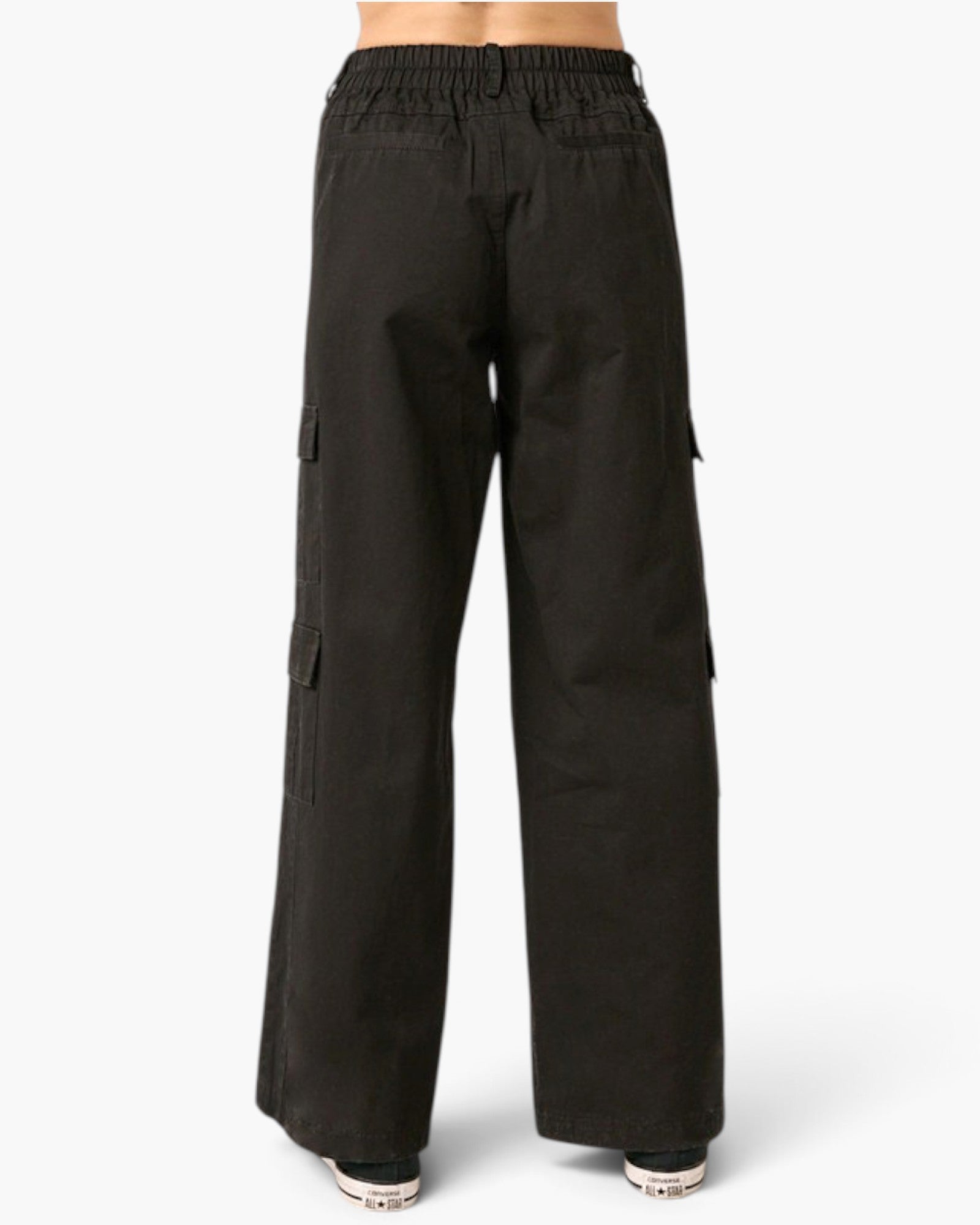 Black wide-leg cargo pants with an elastic waistband, shown from the back on a model against a light gray background.