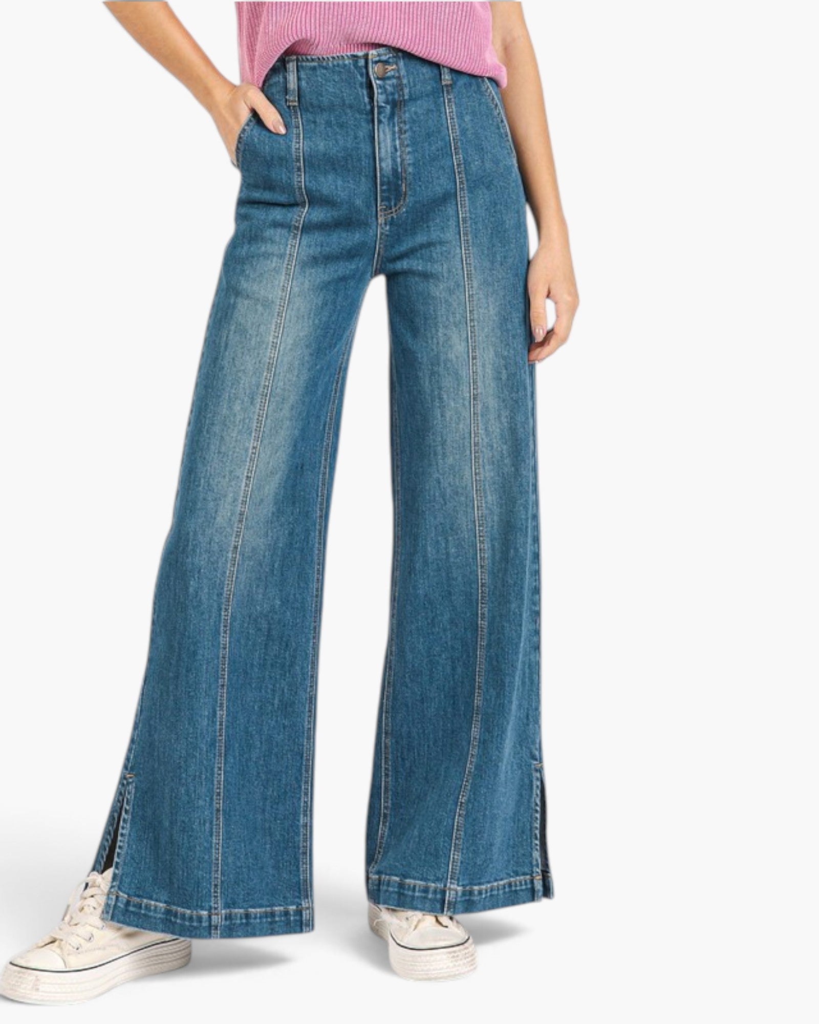 Medium Wash Seamed Wide-Leg Jeans