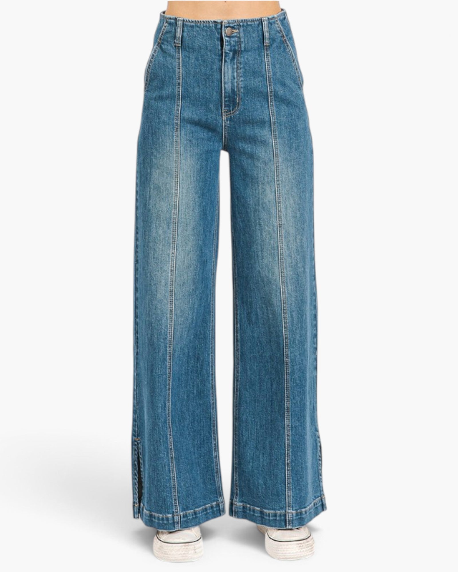 Medium Wash Seamed Wide-Leg Jeans