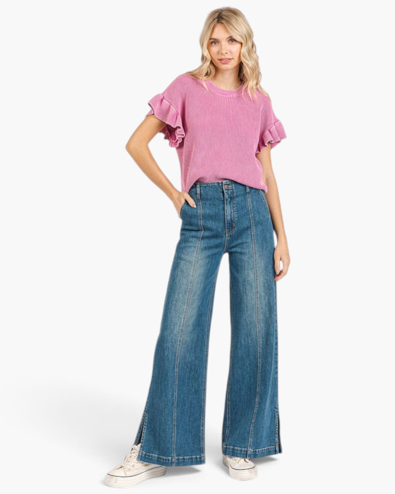 Medium Wash Seamed Wide-Leg Jeans