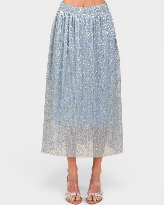 Light blue patterned skirt on a white background