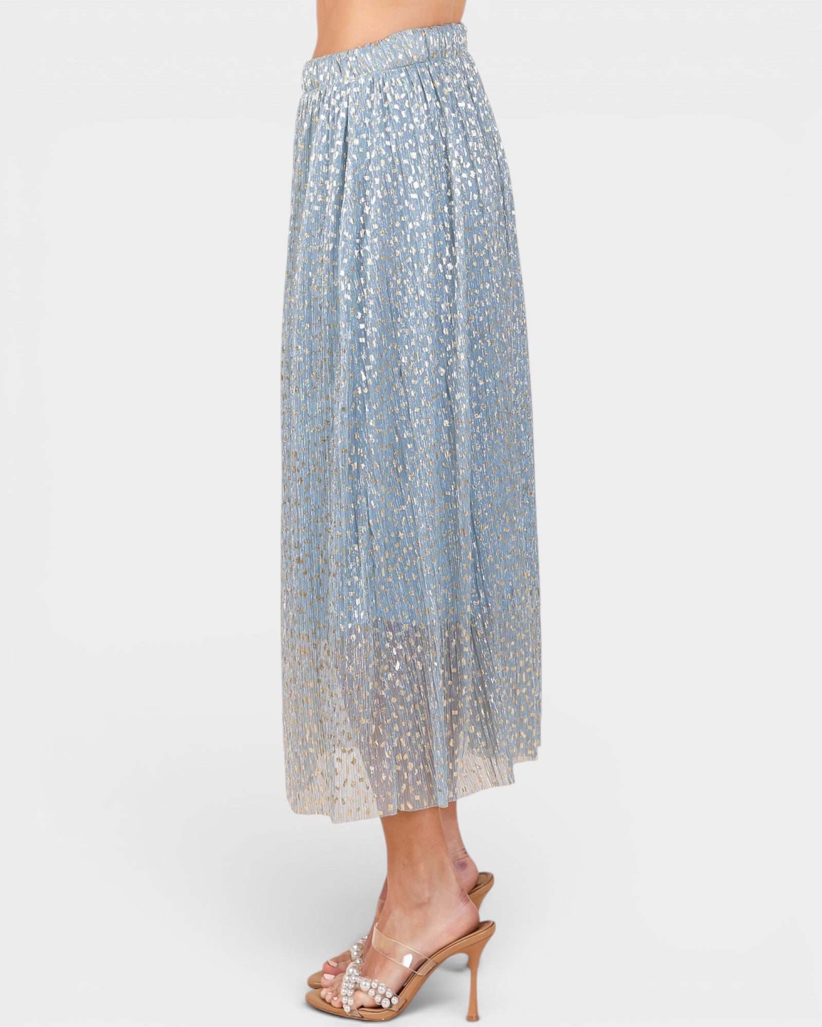Light Blue Metallic Pleated Midi Skirt