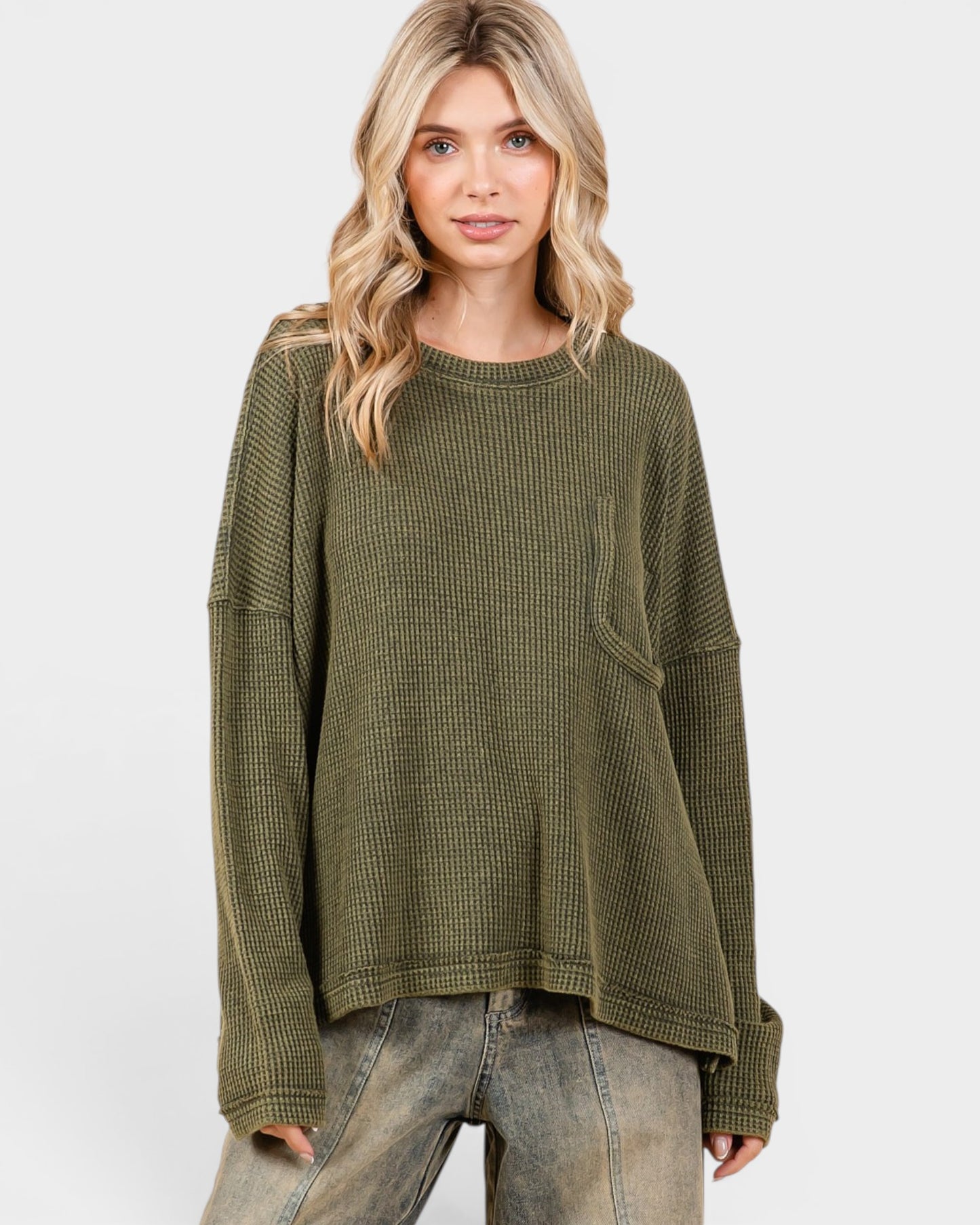 Olive Waffle Knit Pocket Top