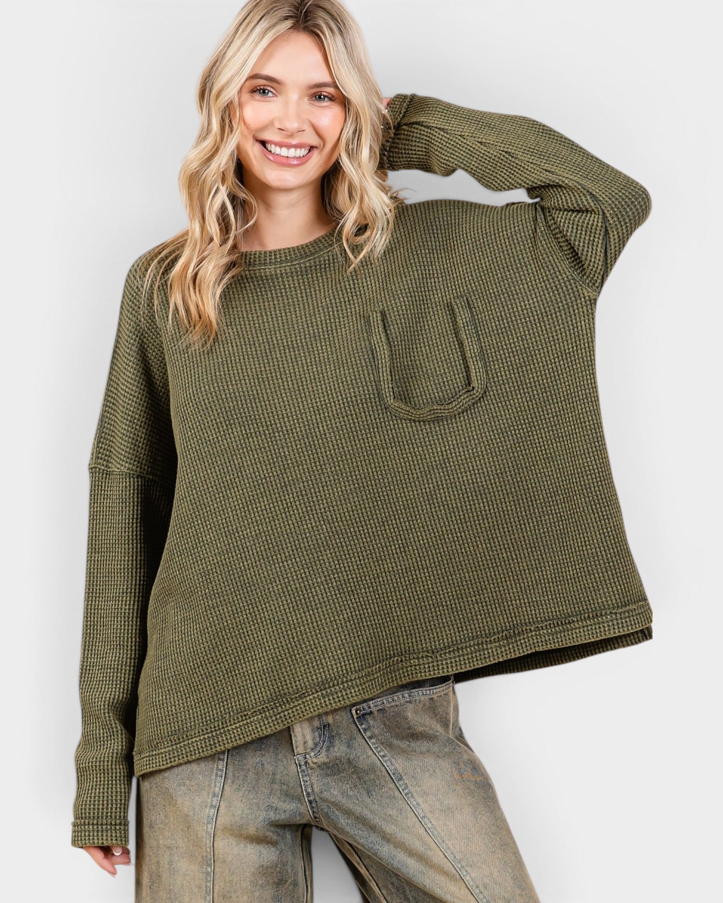 Olive Waffle Knit Pocket Top