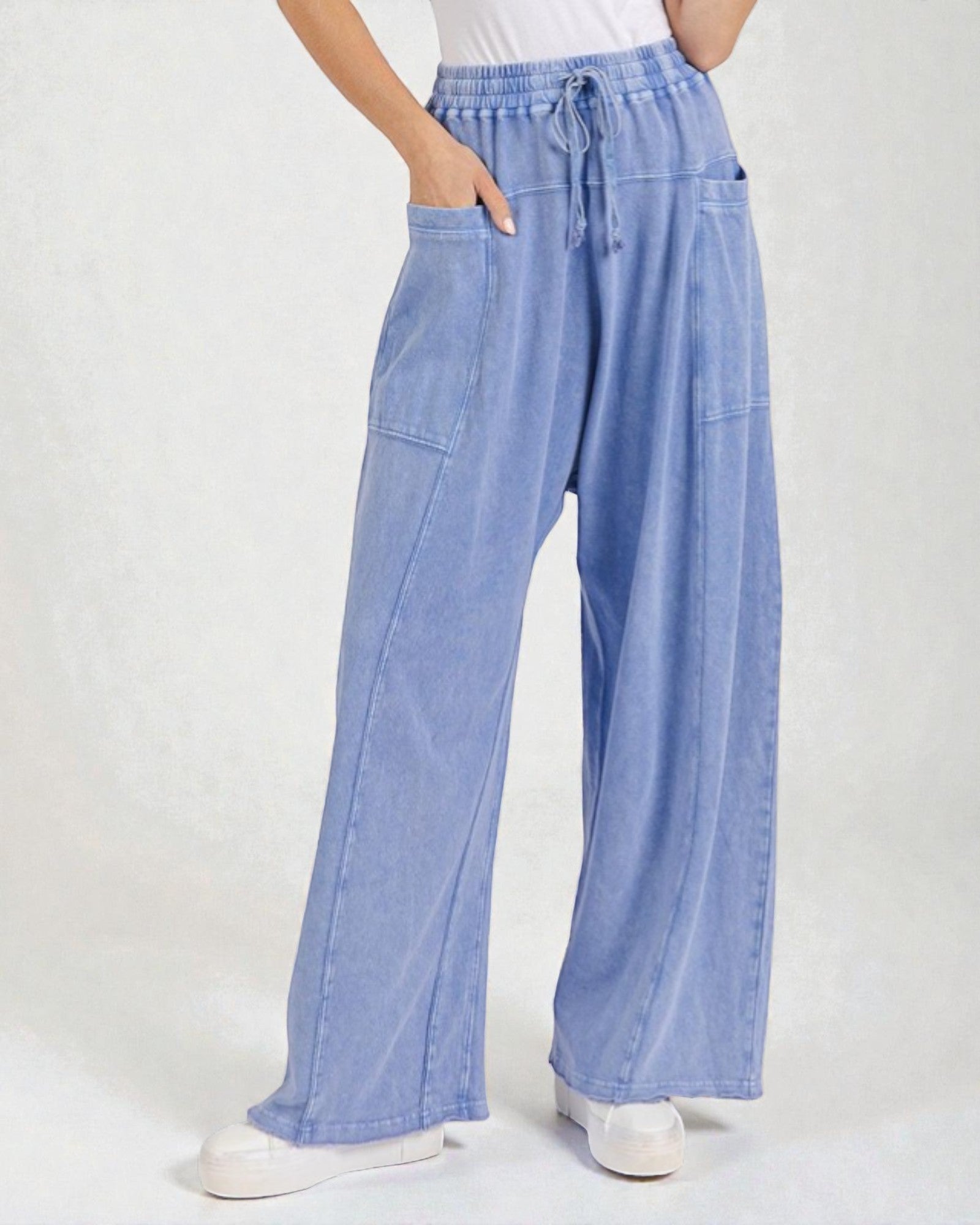 Light blue wide-leg pants worn by a person on a white background