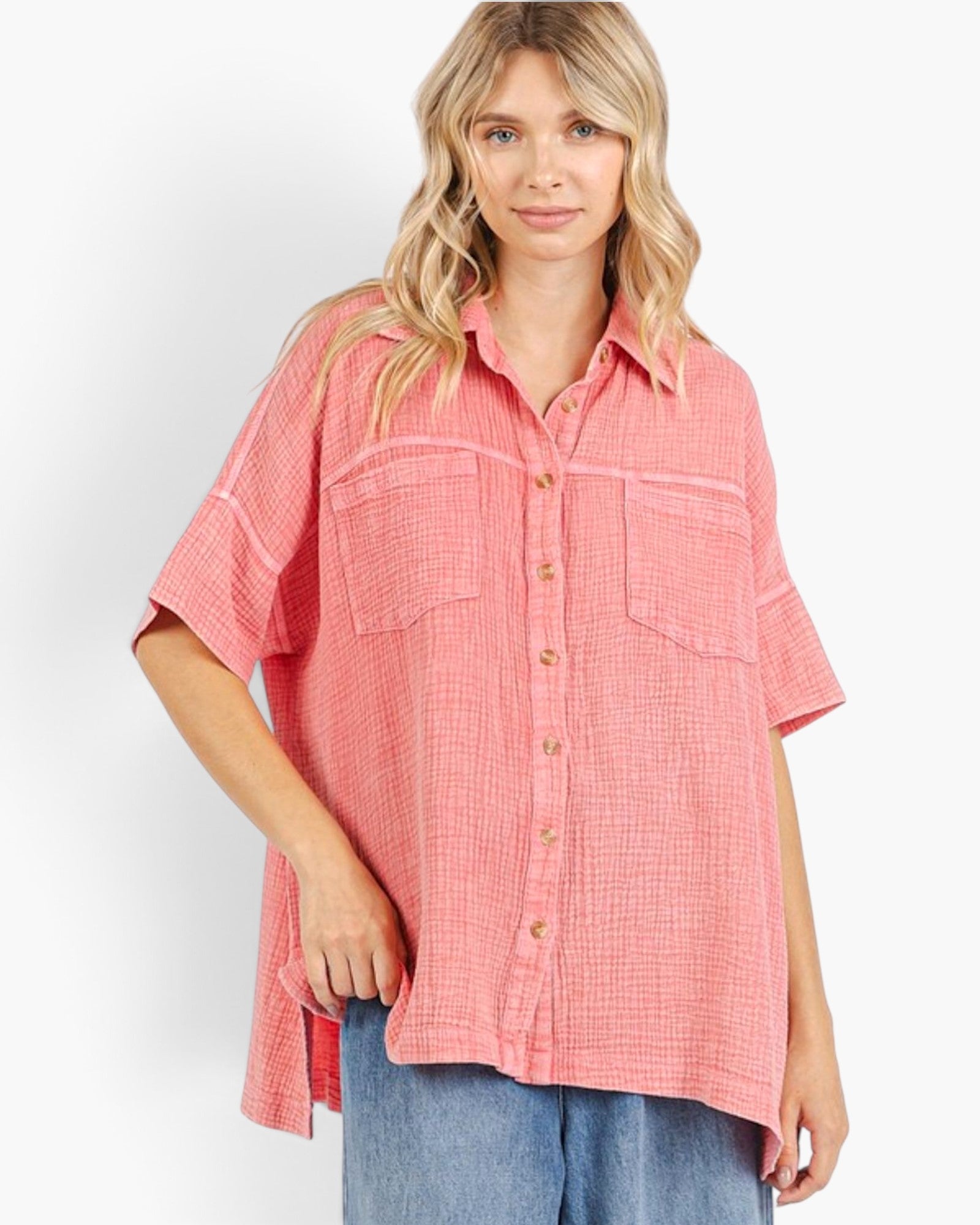 Coral Cotton Gauze Oversized Shirt