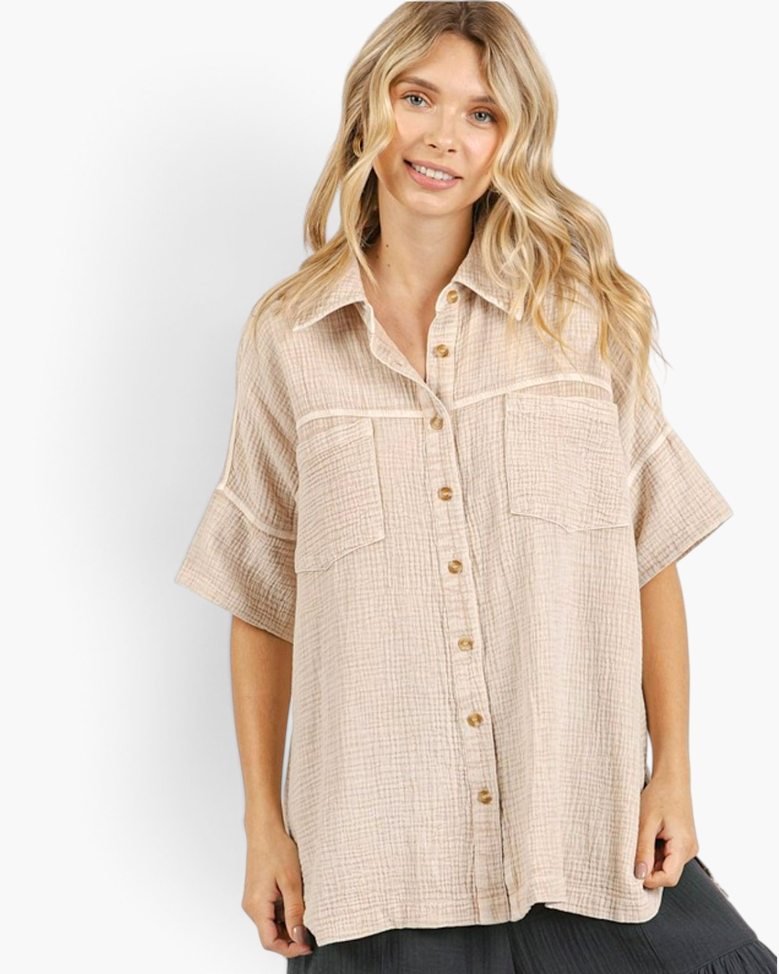 Beach Rose Co. sand cotton gauze oversized shirt with short sleeves, chest pockets, and a collared button-down front.