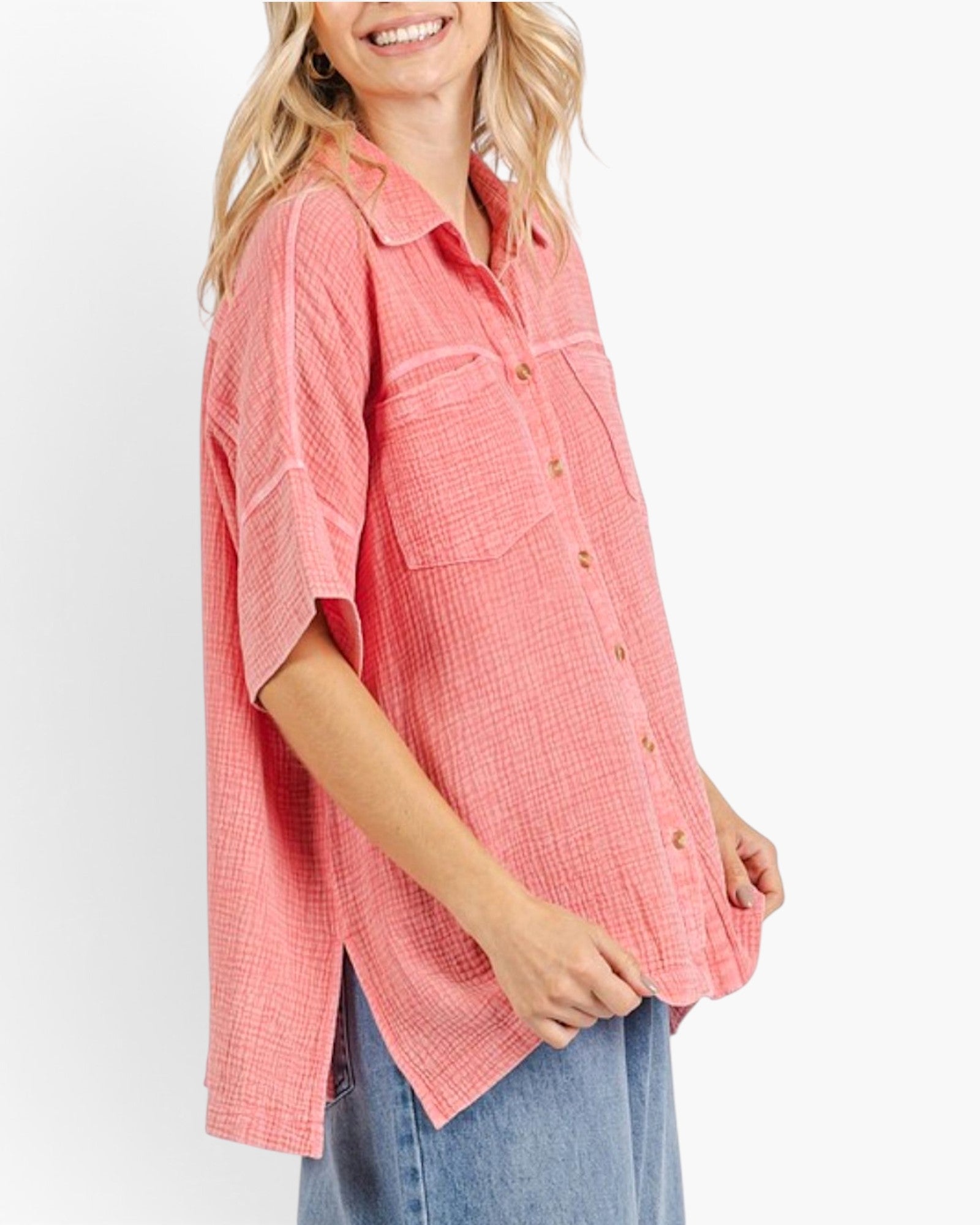 Coral Cotton Gauze Oversized Shirt