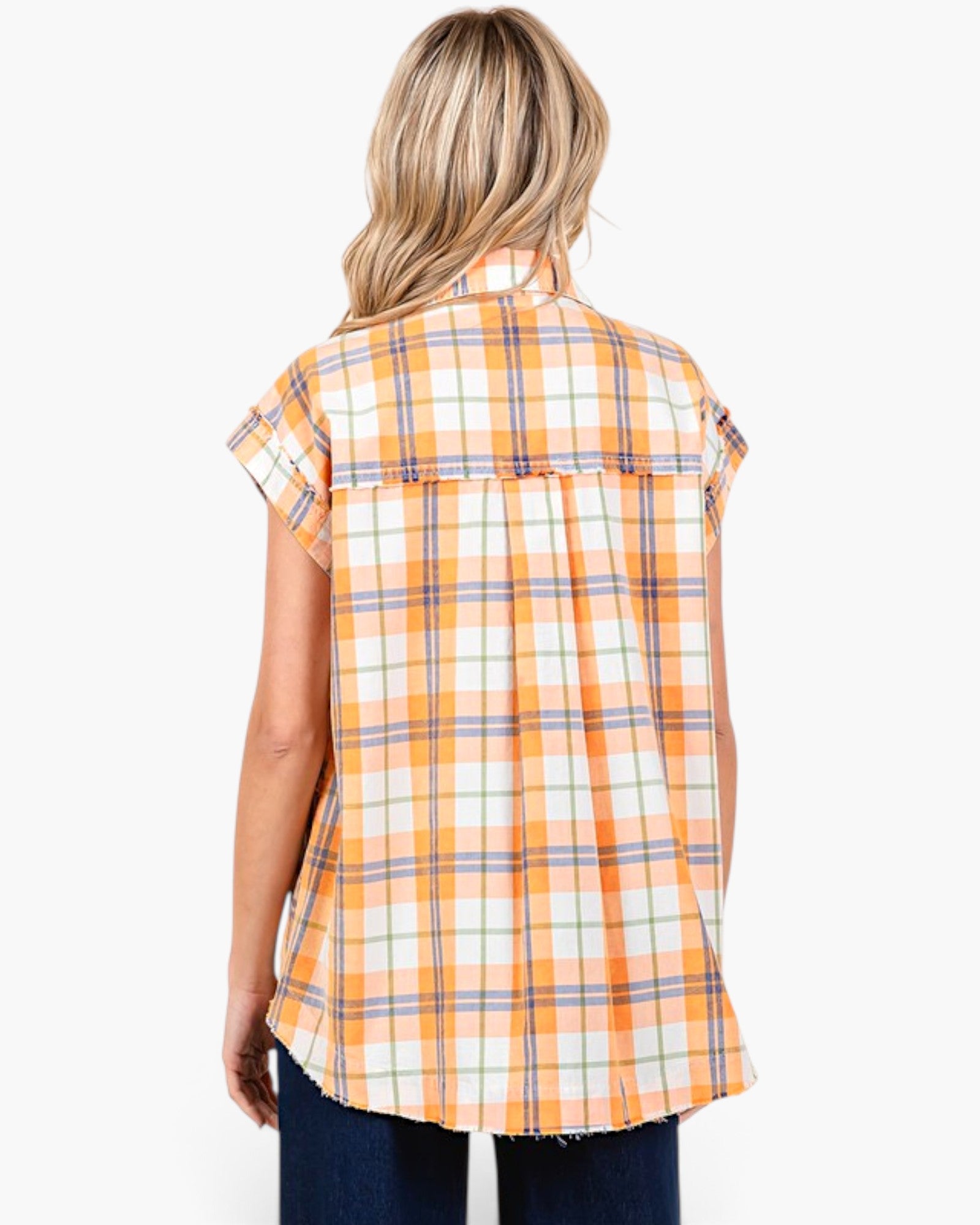 Sherbet Plaid Cotton Raw Hem Button-Front Shirt