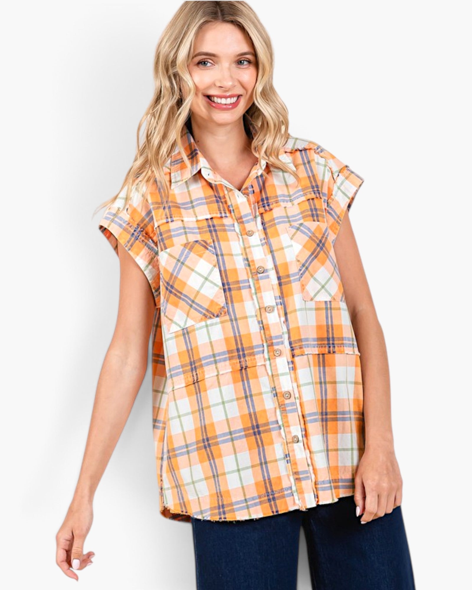 Sherbet Plaid Cotton Raw Hem Button-Front Shirt