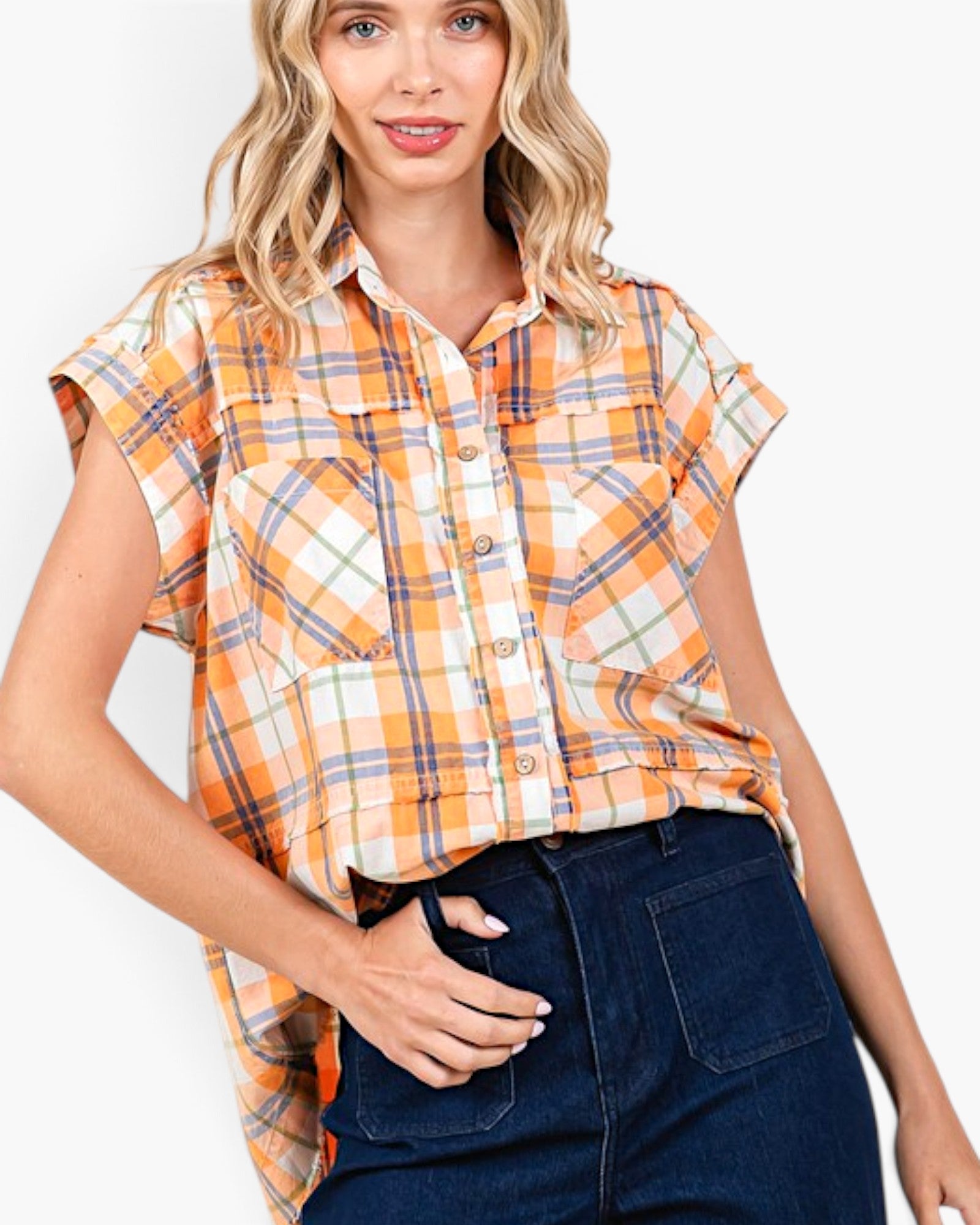 Sherbet Plaid Cotton Raw Hem Button-Front Shirt