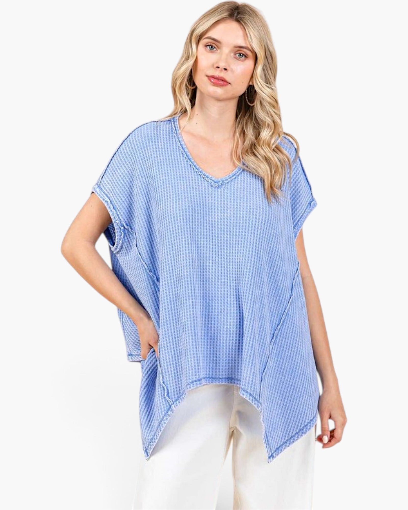 Light Blue Waffle Knit Oversized Top