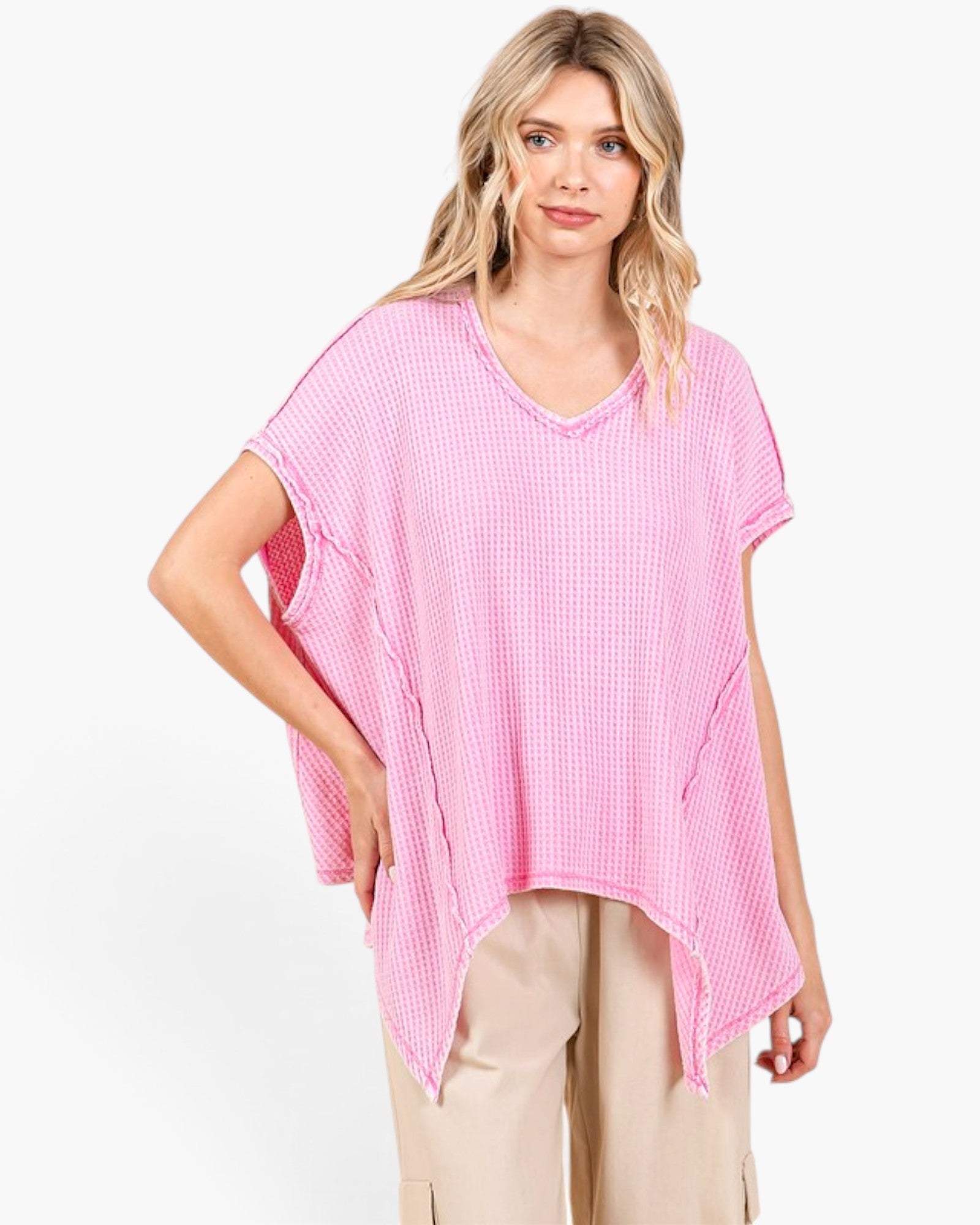 Pink Waffle Knit Oversized Top