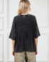 Person wearing a black textured shirt with a white paneled wall background