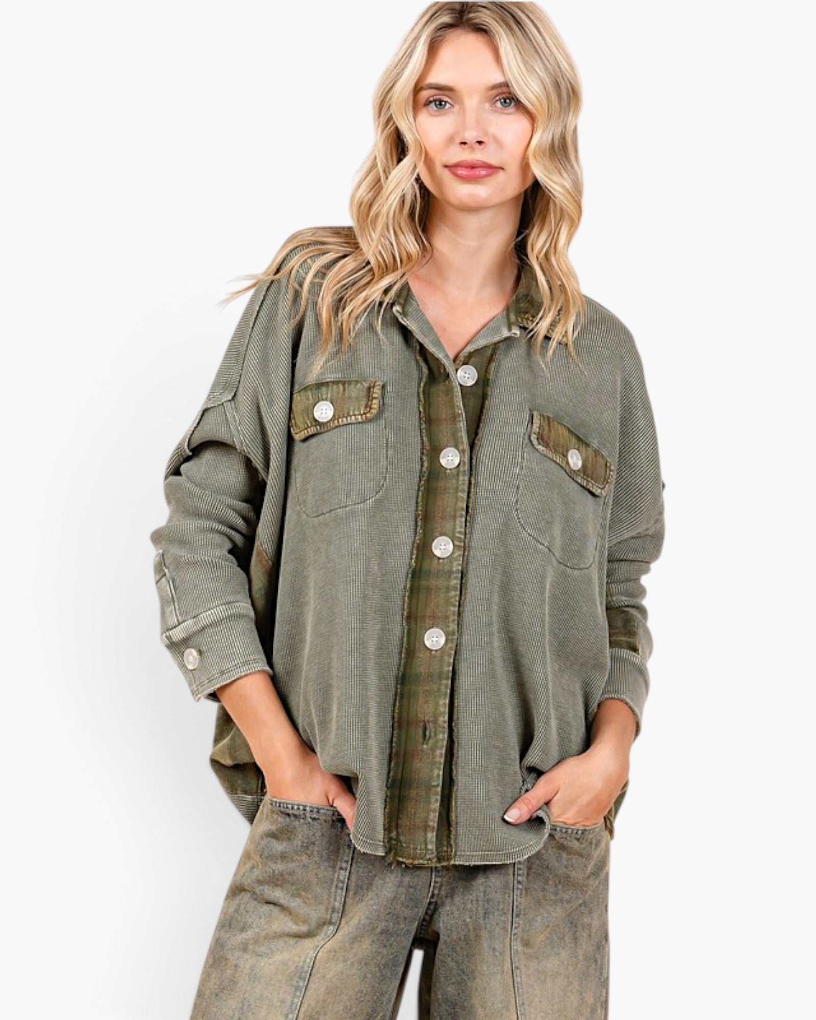 Olive Washed Contrast Panel Oversized Shirt