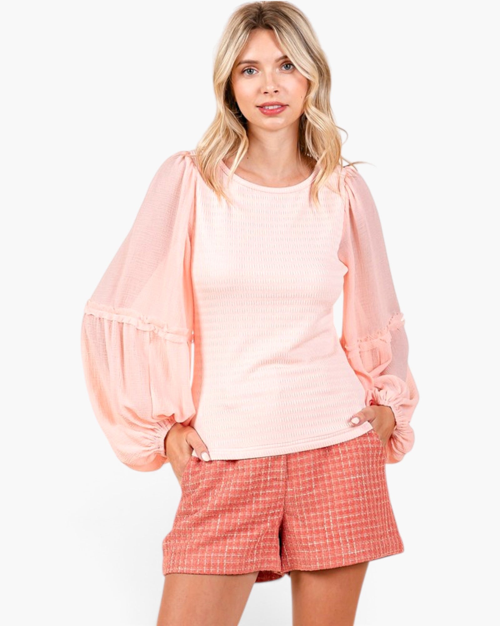 Peach Smocked Chiffon Balloon Sleeve Blouse