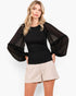 Black Smocked Chiffon Balloon Sleeve Blouse