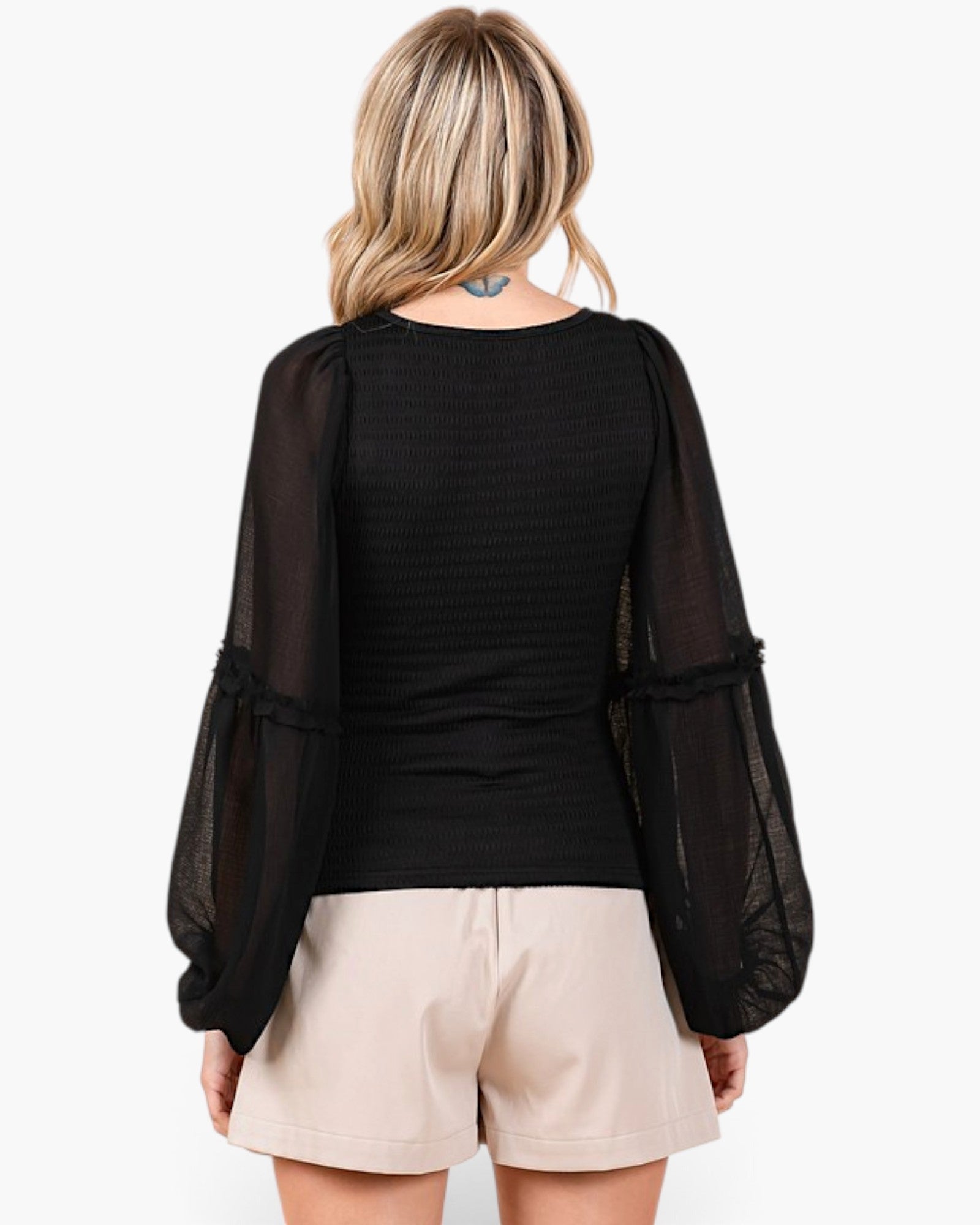 Black Smocked Chiffon Balloon Sleeve Blouse